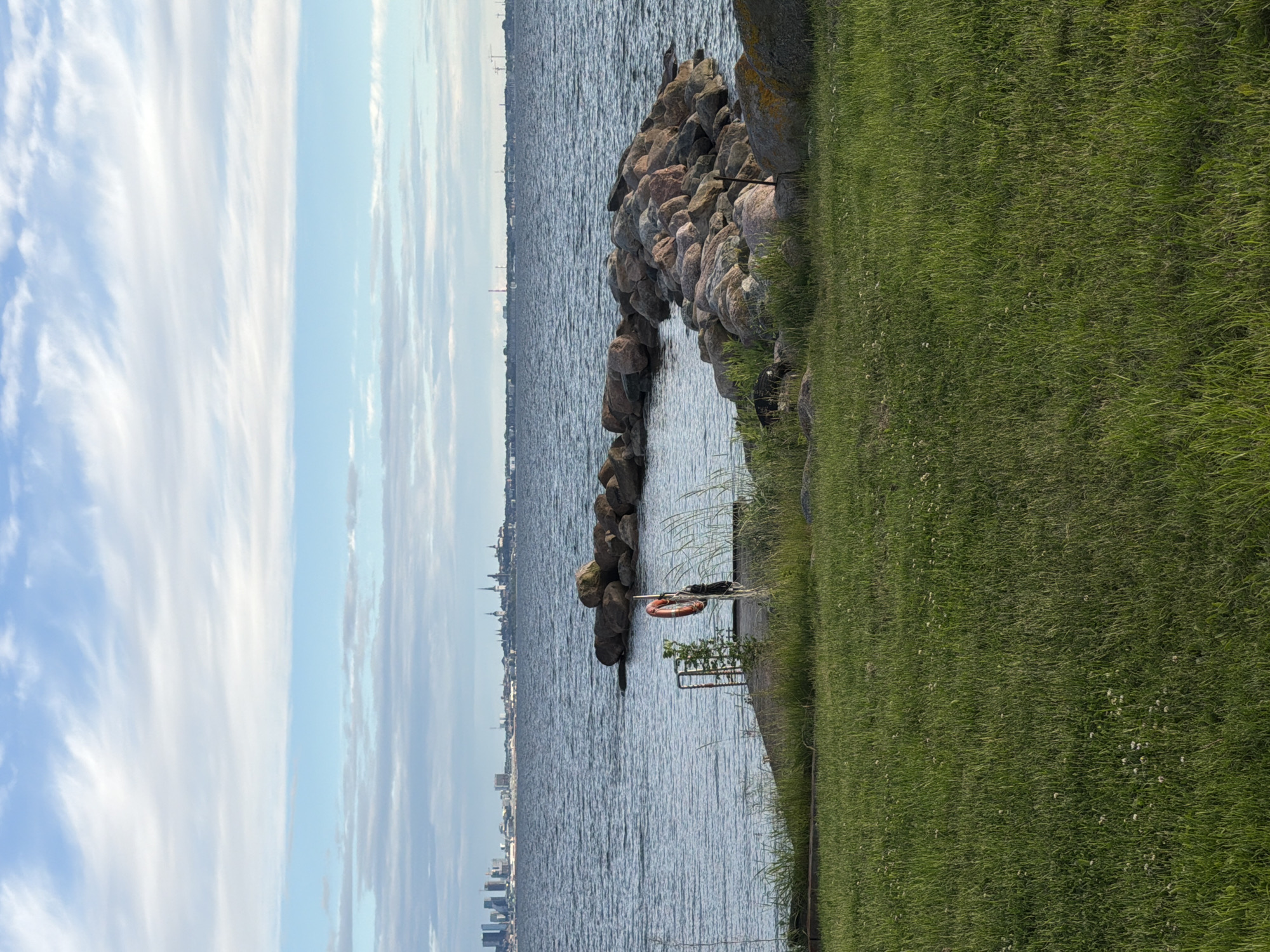 This is a medium shot, eye-level, horizontal, color photograph of a seaside scene in Viimsi, Estonia. In the foreground, a lush green lawn with scattered white clover flowers fills the bottom third of the frame. Behind the lawn, a stone jetty extends into the calm, blue water. The jetty is constructed from large, irregular grey and pinkish rocks. A small metal ladder is attached to the side of the jetty, and a life preserver ring hangs from a post. A thin, young tree grows on the jetty. In the background, a distant city skyline is visible across the water. The sky above is a pale blue, streaked with wispy white clouds.