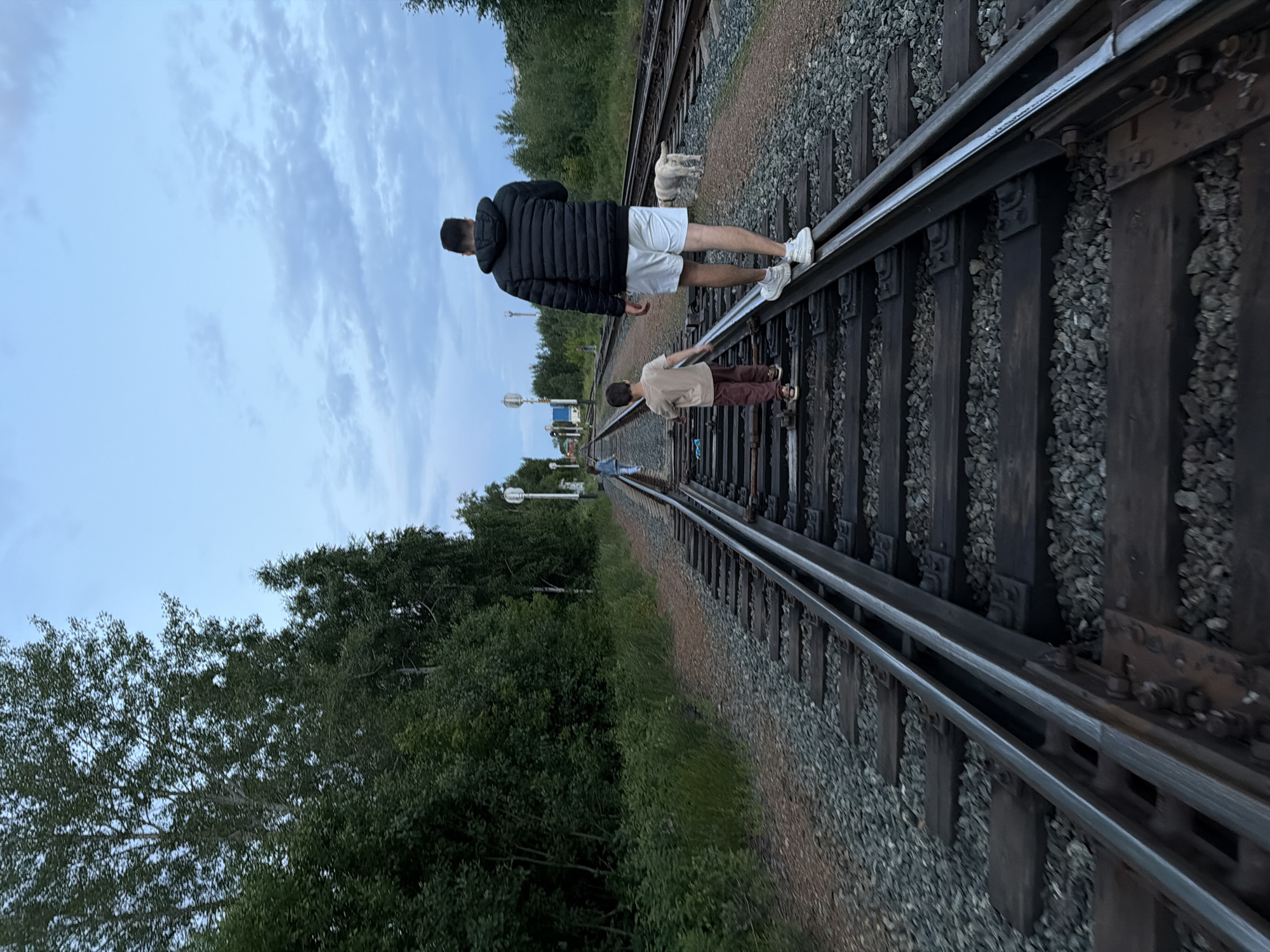 In the city of Unknown, Unknown, a man and a young boy walk away from the camera on train tracks. The man, wearing a black puffer jacket and white shorts, walks to the right of the boy. The boy, in a tan t-shirt and burgundy pants, walks on the left rail. A light-colored dog is visible in the background on the right side of the tracks. Train tracks stretch into the distance, bordered by trees and greenery on both sides. The sky above is overcast with a muted blue hue. Several white signal lights are visible along the tracks in the distance.