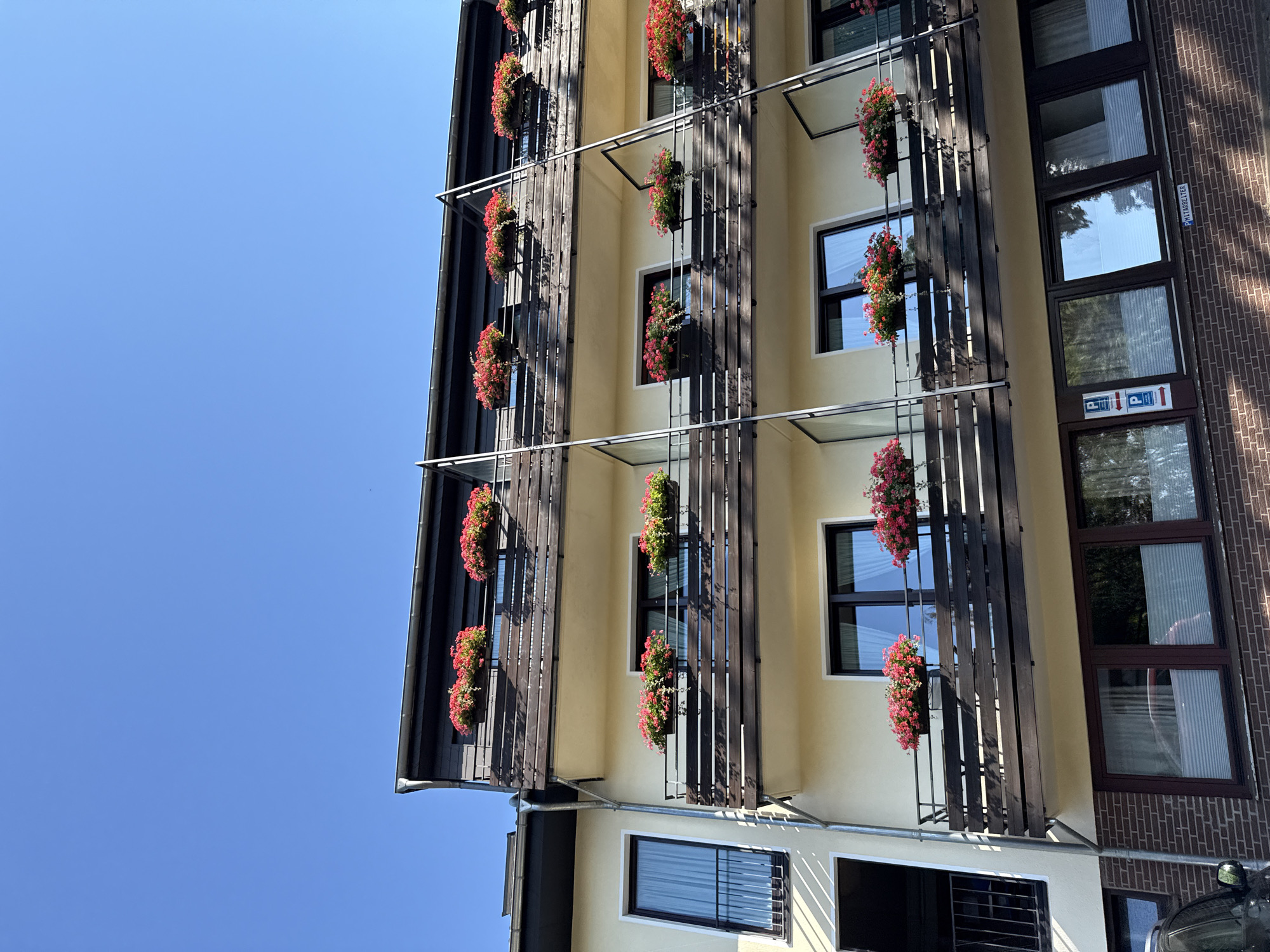 The image shows a multi-story building with balconies adorned with vibrant pink flowers in planters. The building has a light yellow facade and dark brown window frames. The balconies have wooden railings and are supported by metal posts. Several windows with sheer curtains are visible on each level. The building is situated against a clear blue sky, suggesting a sunny day. Part of a dark-colored car is visible in the lower left corner. The lower level of the building is constructed with dark red brick. A sign with two blue parking symbols and an arrow is affixed to the lower part of the building. A smaller sign with German text, possibly indicating "employees," is also present. The architecture and the presence of what appears to be a parking area suggest a commercial or residential building, possibly a hotel or apartment complex. The scene is located in Bad Sachsa, Germany.
