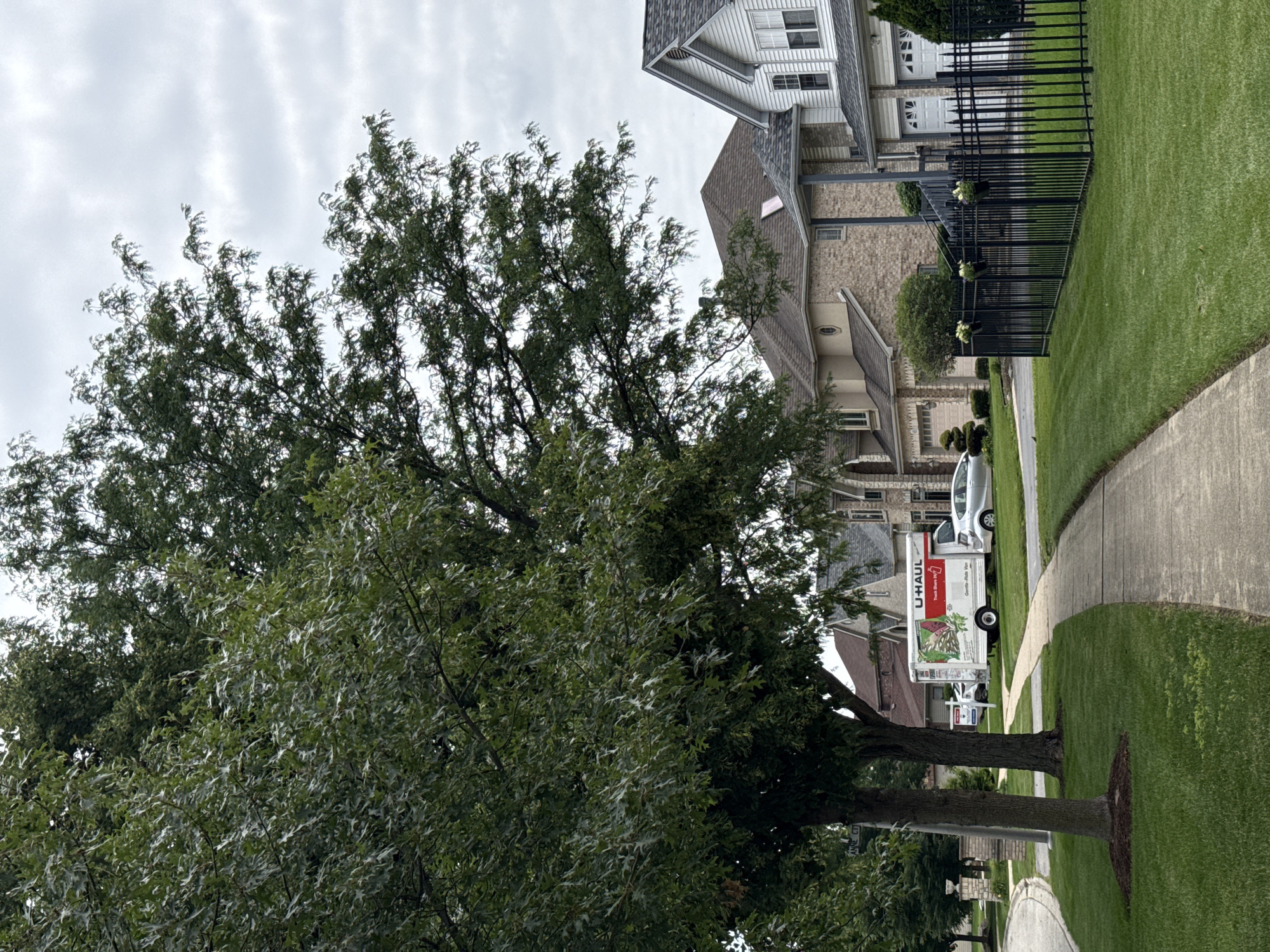 The image depicts a suburban street scene in Bolingbrook, United States of America, on an overcast day. A paved sidewalk curves through a well-maintained lawn. To the left, a U-Haul truck is parked in front of a house. Adjacent to the truck, a silver sedan is visible. In the background, large, mature trees with dense green foliage dominate the upper portion of the image. Beyond the trees, residential houses with pitched roofs and garages are visible. A black metal fence with pointed finials runs along the right side of the lawn, with hanging baskets of flowers attached to it. The overall environment suggests a residential neighborhood during daylight hours.