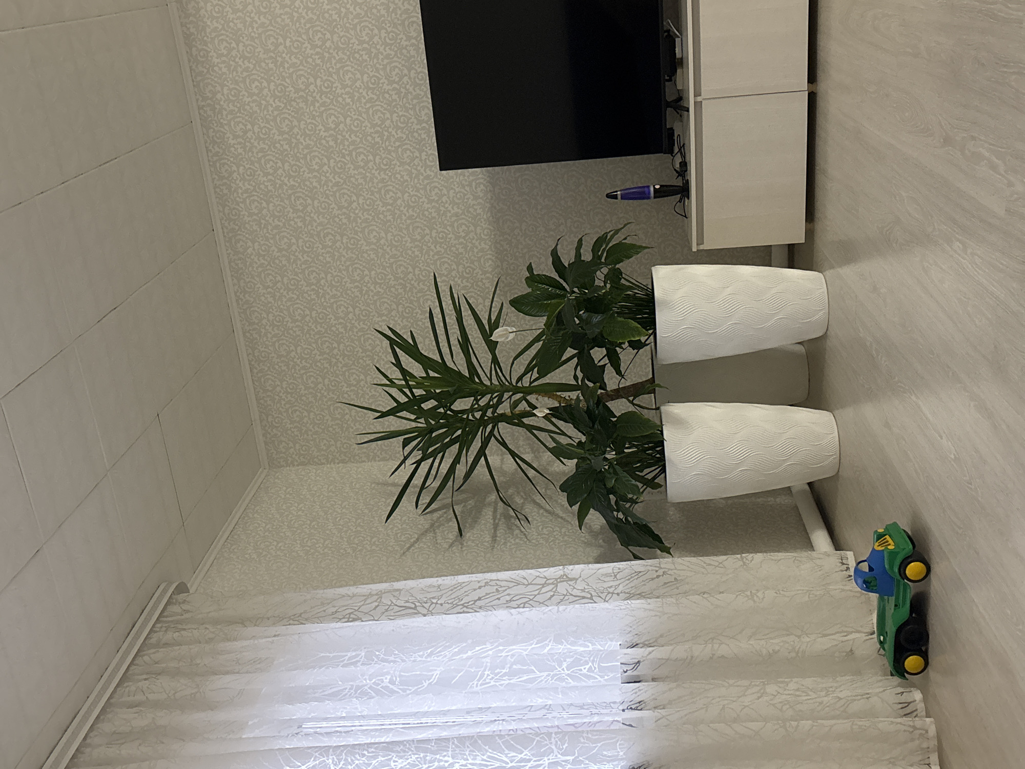 The image depicts an interior setting in Ферма, Russia. A television is mounted on a patterned wall, adjacent to a white cabinet. Two potted plants in white, wavy-textured pots are positioned below the TV. The room has a grey wooden floor. A white patterned curtain is present. A green and blue toy car is near the curtain.