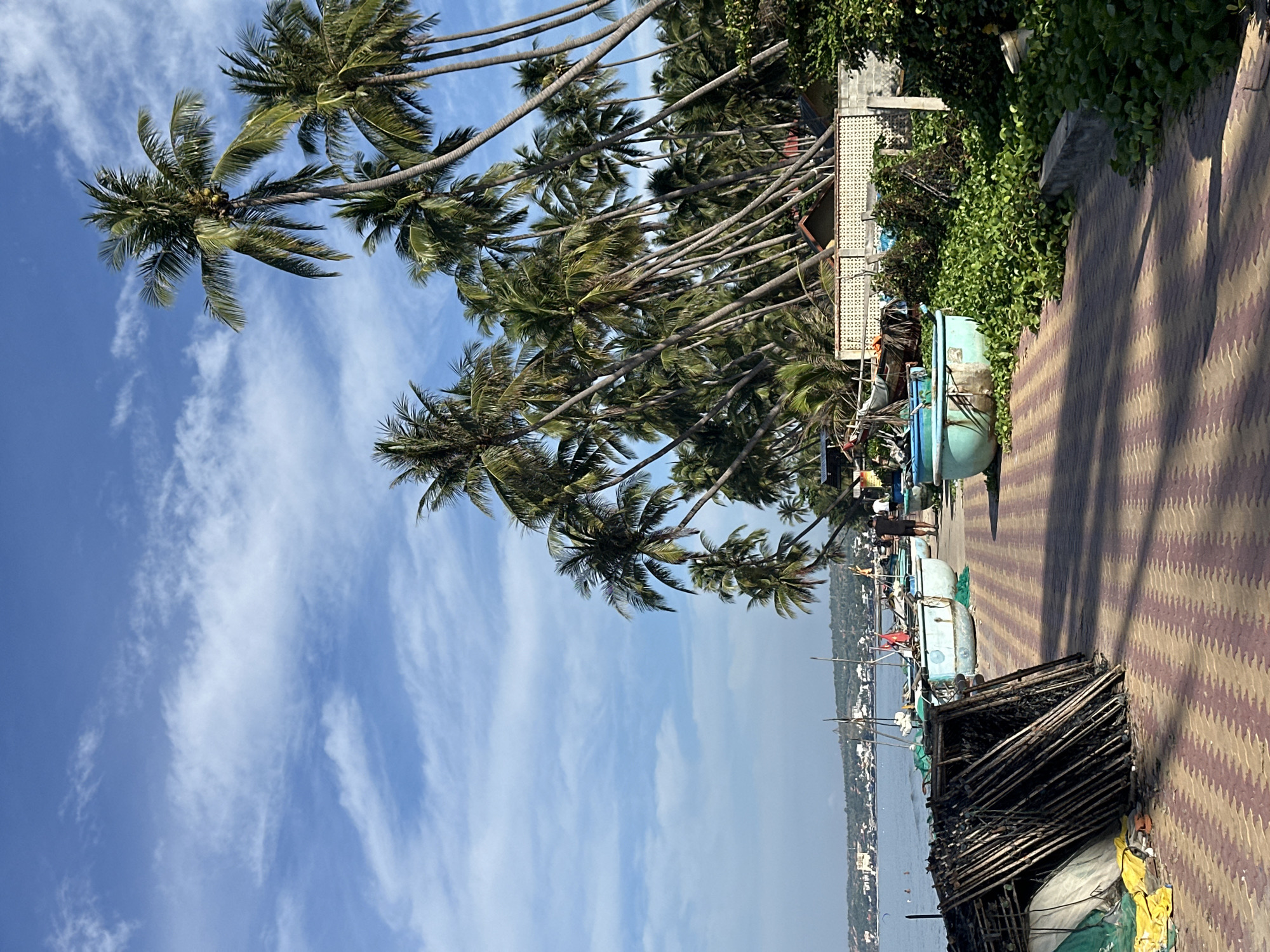 A sunny day at a beach in Mũi Né, Vietnam, features a walkway paved with interlocking bricks in a chevron pattern. Several round, light blue fishing boats are parked along the walkway, some containing nets. To the left, a pile of wooden poles and fishing nets rests on the ground, with yellow and green tarps visible. Tall palm trees with lush green fronds line the edge of the walkway, casting shadows on the ground. In the background, the ocean is visible, with a town or city situated on the coastline. The sky is a clear blue with scattered white clouds. Two individuals, one wearing a dark shirt and shorts and the other a light shirt and dark shorts, are walking away from the camera on the walkway.
