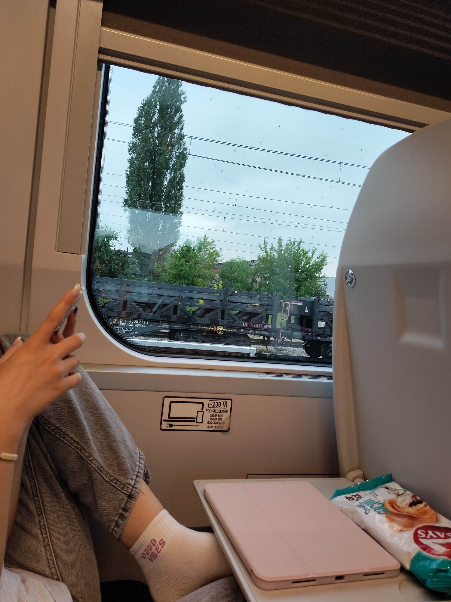 A person is captured from a first-person perspective, relaxing inside a train carriage. The image primarily features the individual's left hand holding a smartphone, and their lower legs and foot, which is propped up. The setting is a modern train interior, viewed from a passenger's seat, looking out a large window.
The activity shows the passenger traveling, possibly using their phone or taking a break. A pink-cased tablet and a snack bag are resting on the fold-down tray table in front of them, suggesting they are settled in for a journey.
Notable details include the overcast sky visible through the window, with small water droplets adhering to the glass, indicating rain or recent precipitation. Outside, a tall, slender tree and a freight train on an adjacent track are visible. The freight train appears to be a series of flatcars, possibly carrying containers or other goods, with overhead power lines for the train system.
The person is wearing grey jeans and white socks that have "GOOD VIBES" printed in purple on the ankle. Their nails are light-colored, with a dark design on one finger.
Visible text includes:
* On the freight car: "GE 33 51 4508 231-9", "TEN PL-LAU Sgmmns", and "LPLU 7191116 68P9". "PL-LAU" likely refers to a Polish location (Łańcut), and "Sgmmns" is a type of freight wagon.
* Inside the train, on a sticker near the person's feet: "~230 V POD SIEDZENIEM UNDER SEAT UNTER SITZ ПОД СИДЕНЬЕМ SOUS LES", indicating a universal power outlet.
* On the person's sock: "GOOD VIBES".
* On the snack bag: "SAYS", likely part of a brand name like "LAYS".