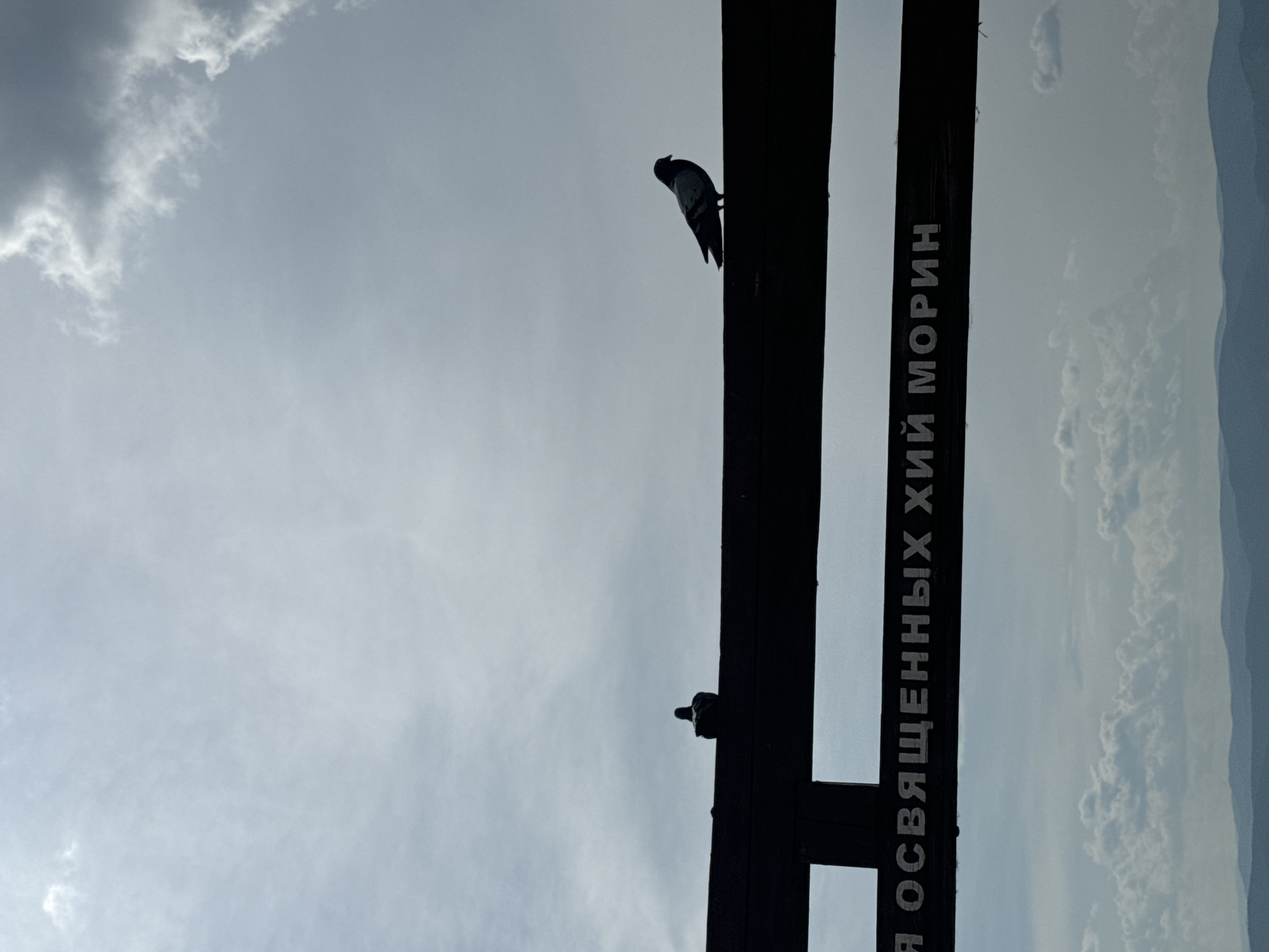 The photograph captures a silhouetted wooden archway against a cloudy sky, with two pigeons perched on the top beam. The archway has white lettering that appears to be in Cyrillic. The text reads "Я ОСВЯЩЕННЫХ ХИЙ МОРИН". The foreground shows the archway and the sky, while the background features rolling hills or mountains shrouded in a hazy, blue-grey atmosphere, indicating a landscape view. The overall lighting suggests it is daytime, possibly overcast or with the sun behind clouds. The location is identified as Ulan-Ude, Russia.