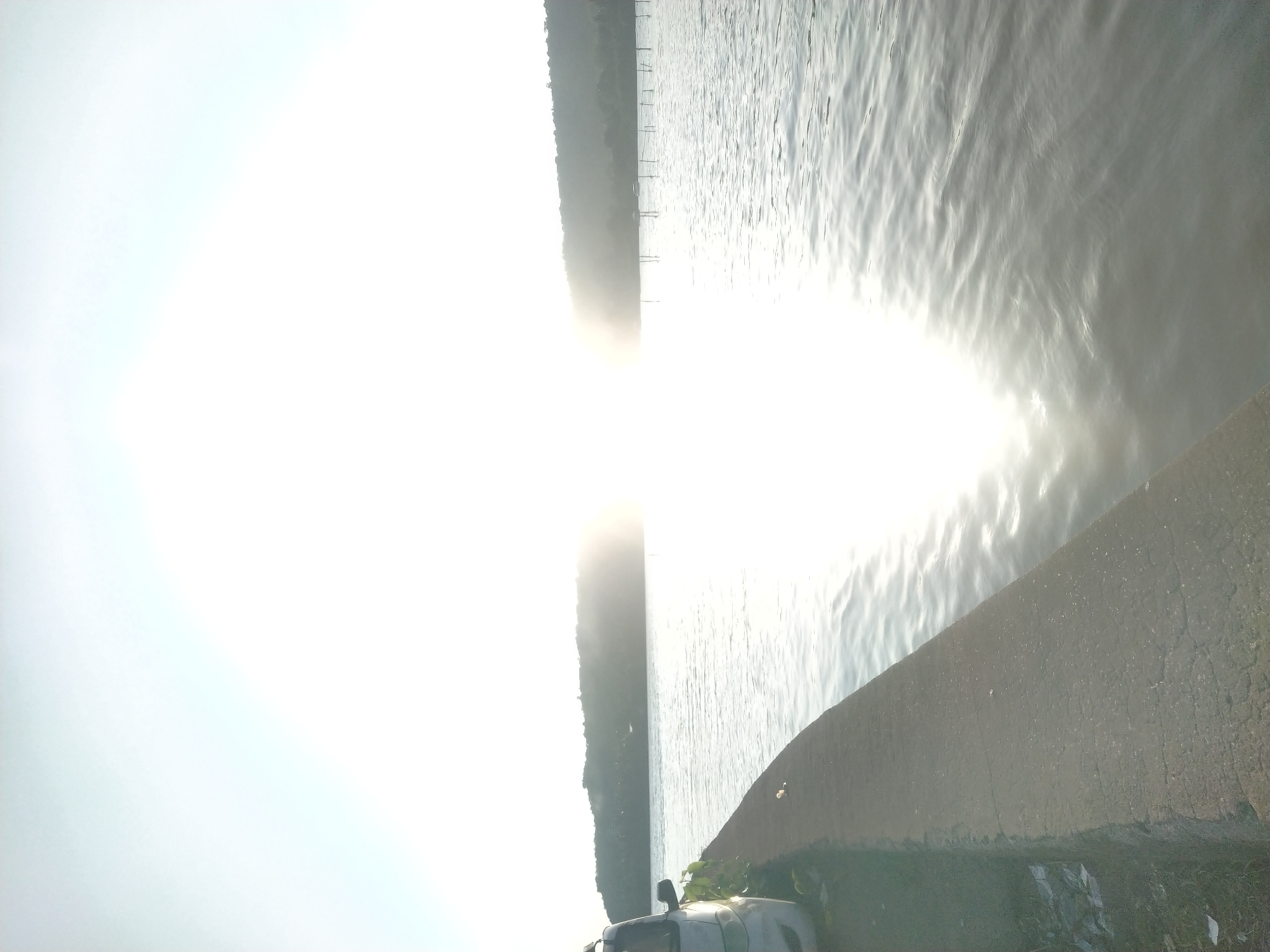 The image depicts a body of water, possibly a river or bay, with a shoreline visible on the opposite bank. The water surface reflects sunlight, creating a bright glare. A concrete structure or wall runs along the foreground, with some greenery growing near its base. A vehicle, possibly a truck or bus, is partially visible parked next to the wall. The location is possibly in Oxel, India.