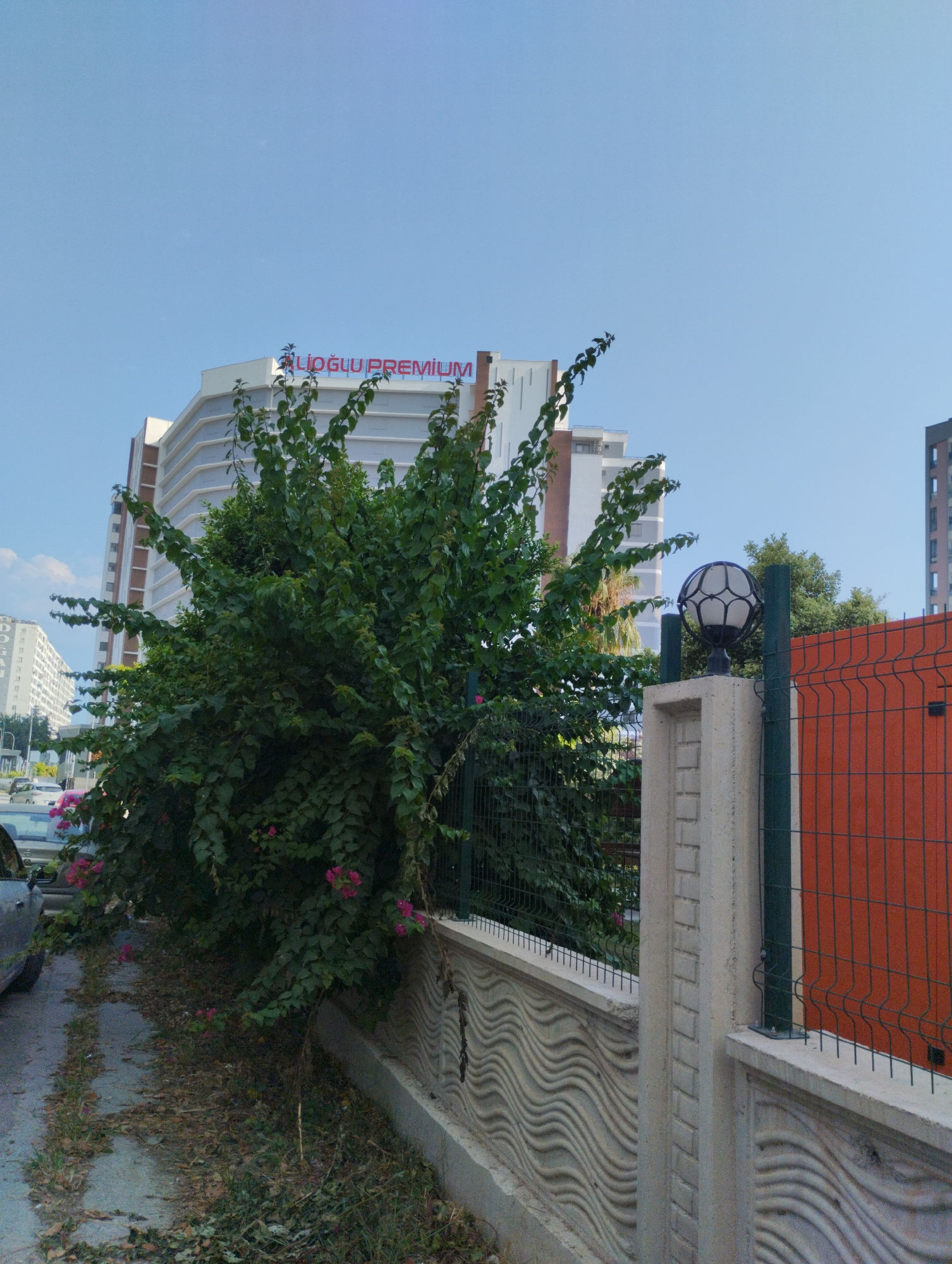 The image captures a street scene in Erdemli, Turkey. In the background, a large, multi-story building with the red text "DOĞDUĞLU PREMIUM" is visible against a clear blue sky. In the foreground, a lush green tree with pink flowers partially obscures the building. A metal fence with an orange panel separates the viewer from a concrete structure topped with a decorative outdoor lamp. To the left, a parked car and a pathway covered in fallen leaves and grass suggest a somewhat unkempt outdoor area. The overall impression is one of a typical urban environment with a touch of nature.