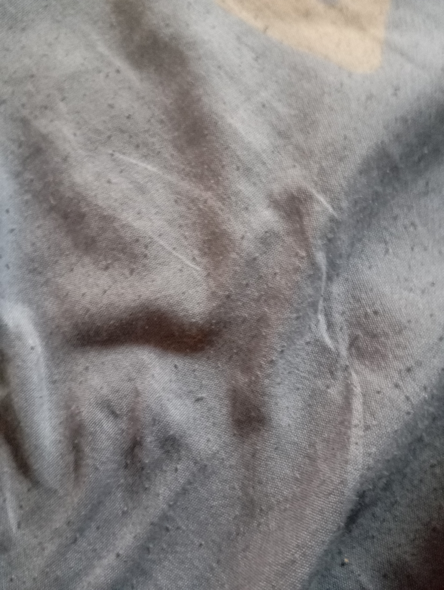 A close-up, overhead shot shows a wrinkled, light gray fabric with small, dark specks scattered across its surface. The fabric appears to be a thin material, possibly cotton or a blend, and shows signs of wear or pilling. There are several folds and creases in the fabric, creating shadows and highlights that give it a textured appearance. The background is out of focus but suggests a continuation of the same fabric. No people, animals, or specific objects are visible, only the textured surface of the textile.