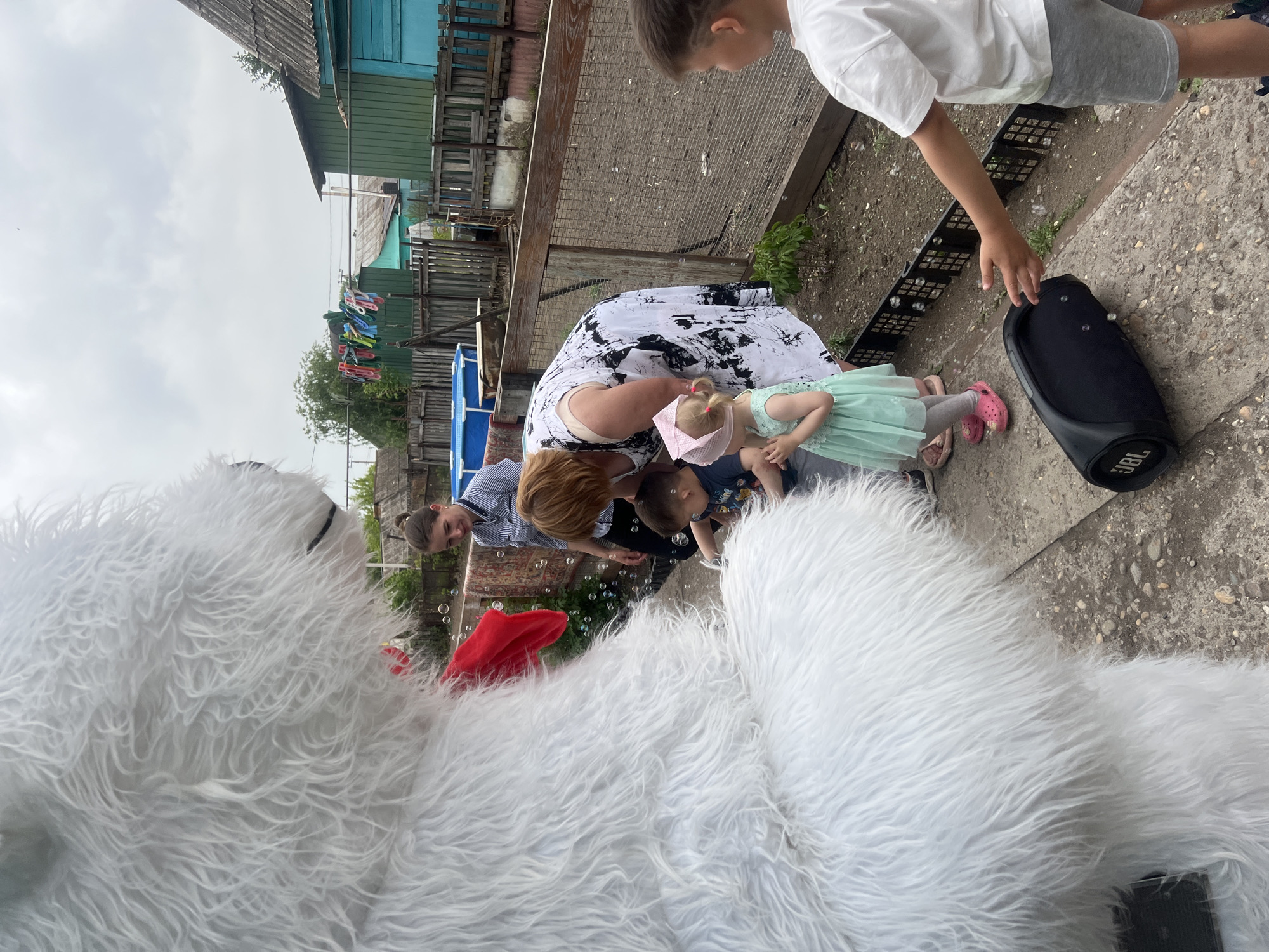 The image depicts a gathering of people outdoors, likely in a backyard or similar space. The setting includes elements such as a weathered fence, some buildings with painted wooden exteriors, and an above-ground pool. A string of clothespins with clothing hanging on it is visible in the background.
The foreground is dominated by a large, white, furry object, possibly a costume or oversized stuffed animal. A group of individuals, including adults and children, are gathered around it. They appear to be interacting and playing with soap bubbles, which are visible in the air. One child is seen touching a black JBL speaker, while another is wearing a light green dress and pink shoes. A woman in a black and white patterned dress is also present. The people seem to be engaged in a playful, social activity.