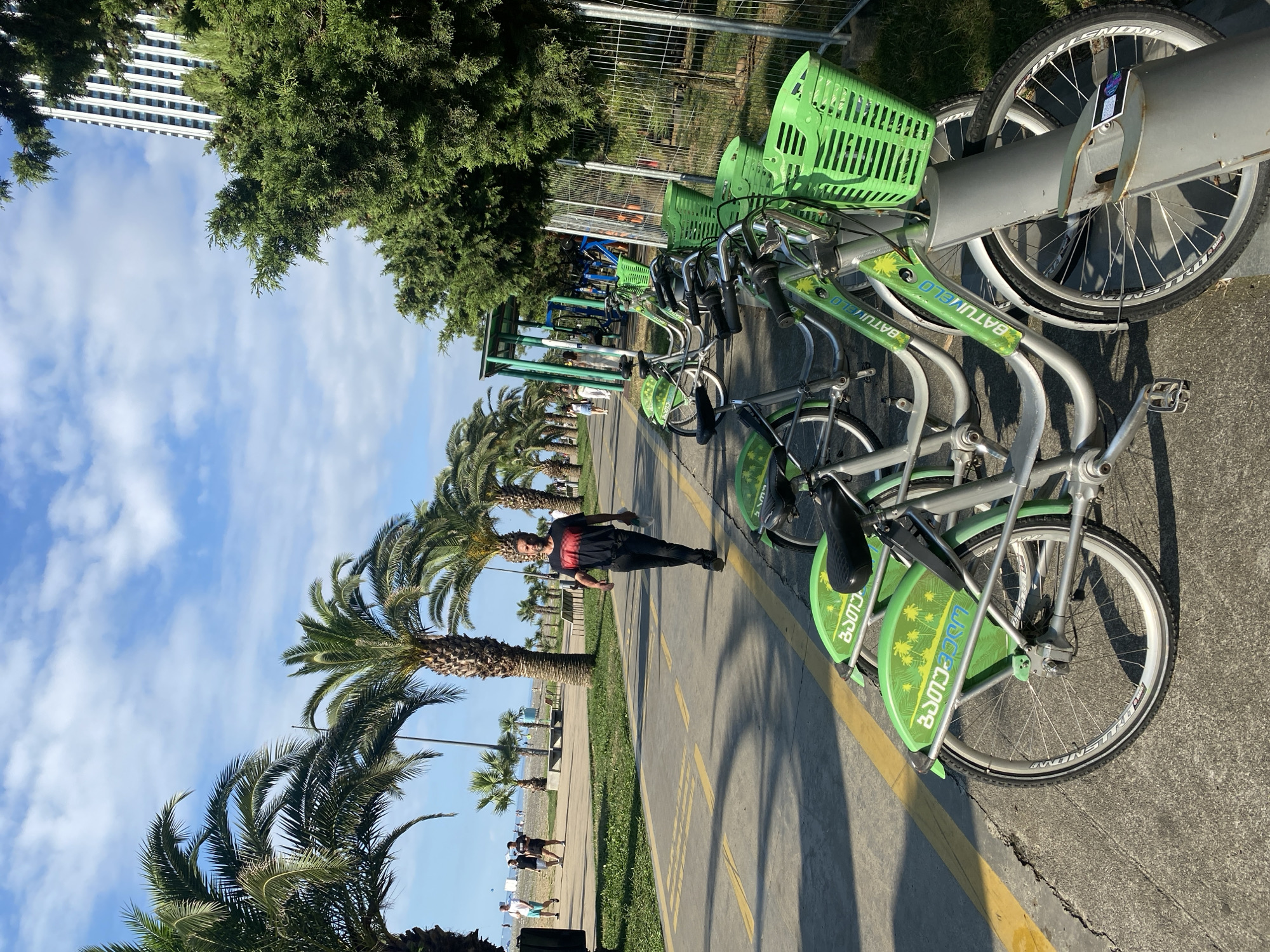 The image depicts a row of green rental bicycles parked along a paved pathway in Batumi, Georgia. The pathway runs alongside a grassy area and a beach, with palm trees lining the background. A man in a red and black t-shirt and dark pants is walking away from the viewer on the pathway, holding a bottle of water. In the distance, several people are walking on the beach and pathway. The sky is blue with scattered clouds. The bicycles are silver with green fenders and green baskets, and they appear to be part of a rental service, as indicated by the "BATUMI VELO" branding on their frames. The scene suggests a sunny day in a coastal city.