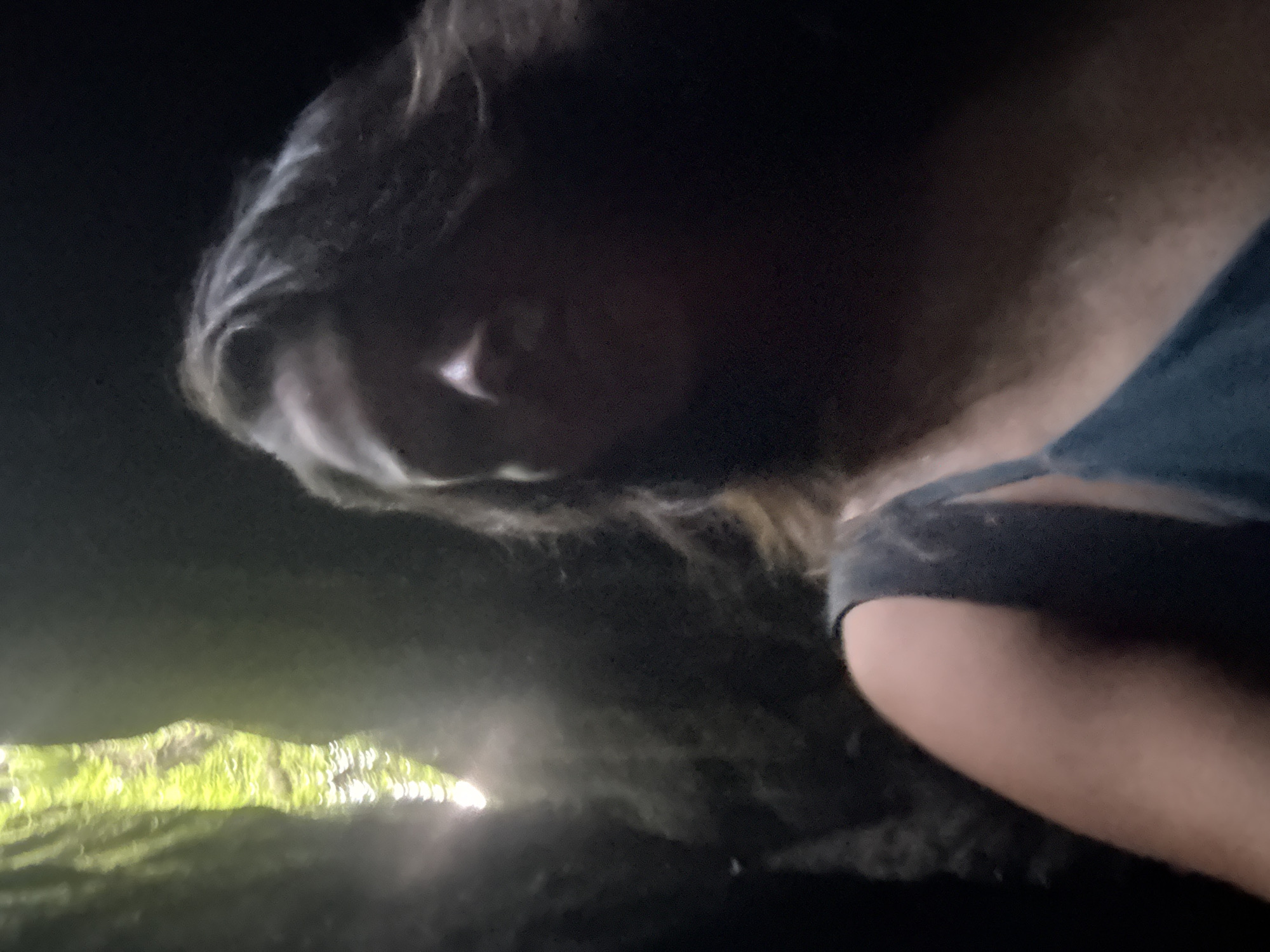 The image shows a close-up, low-angle shot of a person's head and shoulder. The person has long, dark hair that is blurred due to motion. The lighting is dim, with a bright, out-of-focus green and yellow light source visible in the lower left portion of the frame, suggesting a natural setting possibly illuminated by a flashlight or similar device. The background is mostly dark and indistinct. The person appears to be wearing a dark-colored garment, possibly a t-shirt, on their shoulder. The overall impression is intimate and slightly mysterious, with the focus on the texture of the hair and the play of light. There is no visible text in the image. Given the location context of Bangli, Indonesia, the scene could be interpreted as a person in a natural environment at night, perhaps exploring or camping. The blurred motion suggests movement, possibly a selfie taken while active or in low light conditions.