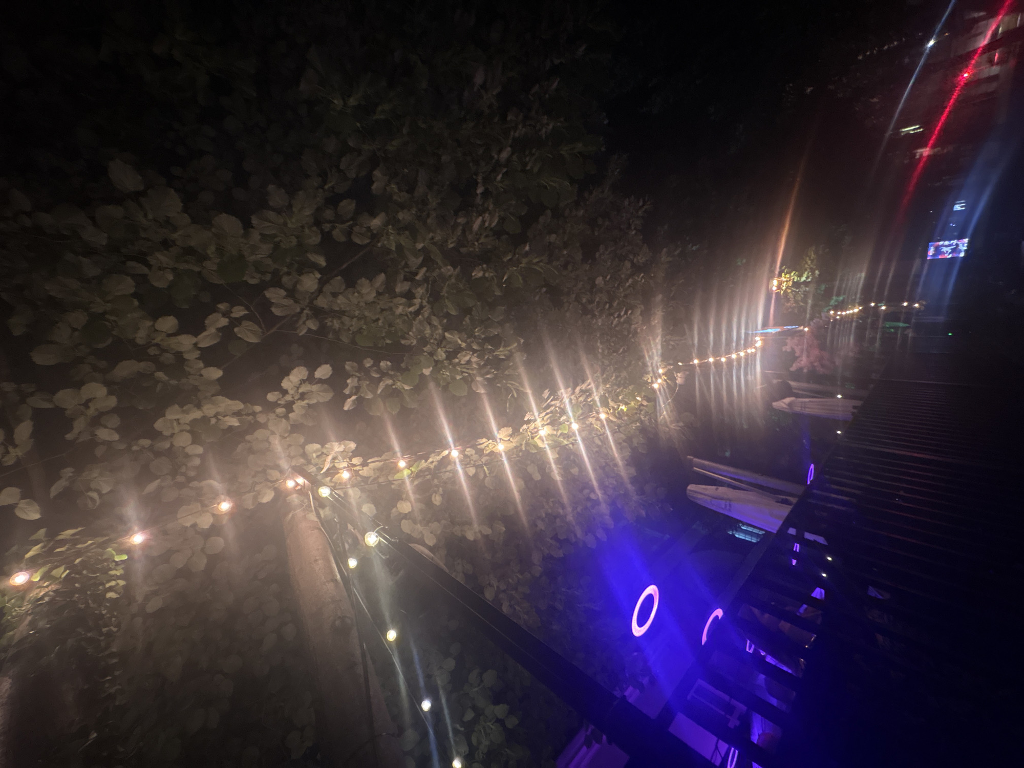 This image depicts an outdoor night scene, likely a recreational or dining area, illuminated by various artificial light sources. The left side of the frame is dominated by dense, dark green foliage, possibly a wall of trees or bushes, whose leaves are softly highlighted by nearby lights.
A string of warm-toned, incandescent lights stretches horizontally across the mid-ground, casting distinct light flares and streaks that radiate outwards. Below these string lights, towards the right, is a dark structure resembling a railing or deck, beneath which several light-colored, elongated objects that appear to be small boats (perhaps kayaks or canoes) are visible. This suggests a waterside or riverside setting.
Further to the right and extending into the foreground, there is a prominent structure featuring bright, circular blue or purple neon lights. In the background on the right, a tall building or wall is visible, marked by strong vertical light streaks in red, white, and blue, possibly reflections or strong internal lighting. A brightly lit screen or monitor with colorful content is also discernible on this background structure.
The overall ambiance is one of a lively and decorated nighttime environment. No people are explicitly visible, and there is no discernible text. The scene is clearly set at night in Sofia, Bulgaria, as indicated by the context.