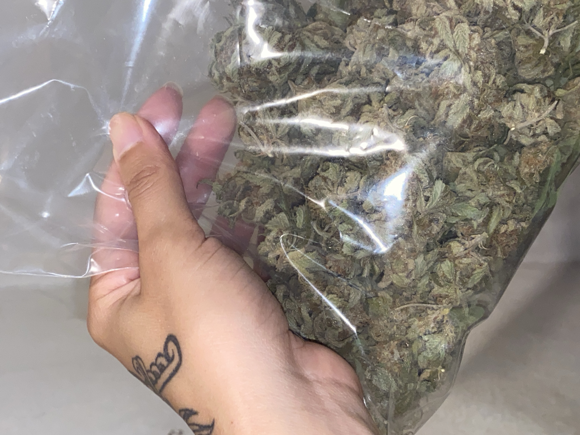 A person's hand holds a clear plastic bag filled with marijuana. The hand has a tattoo on the wrist. The bag appears full of dried flower buds. The scene's specific location within Monte Grande, Argentina, is indeterminable from the provided image.