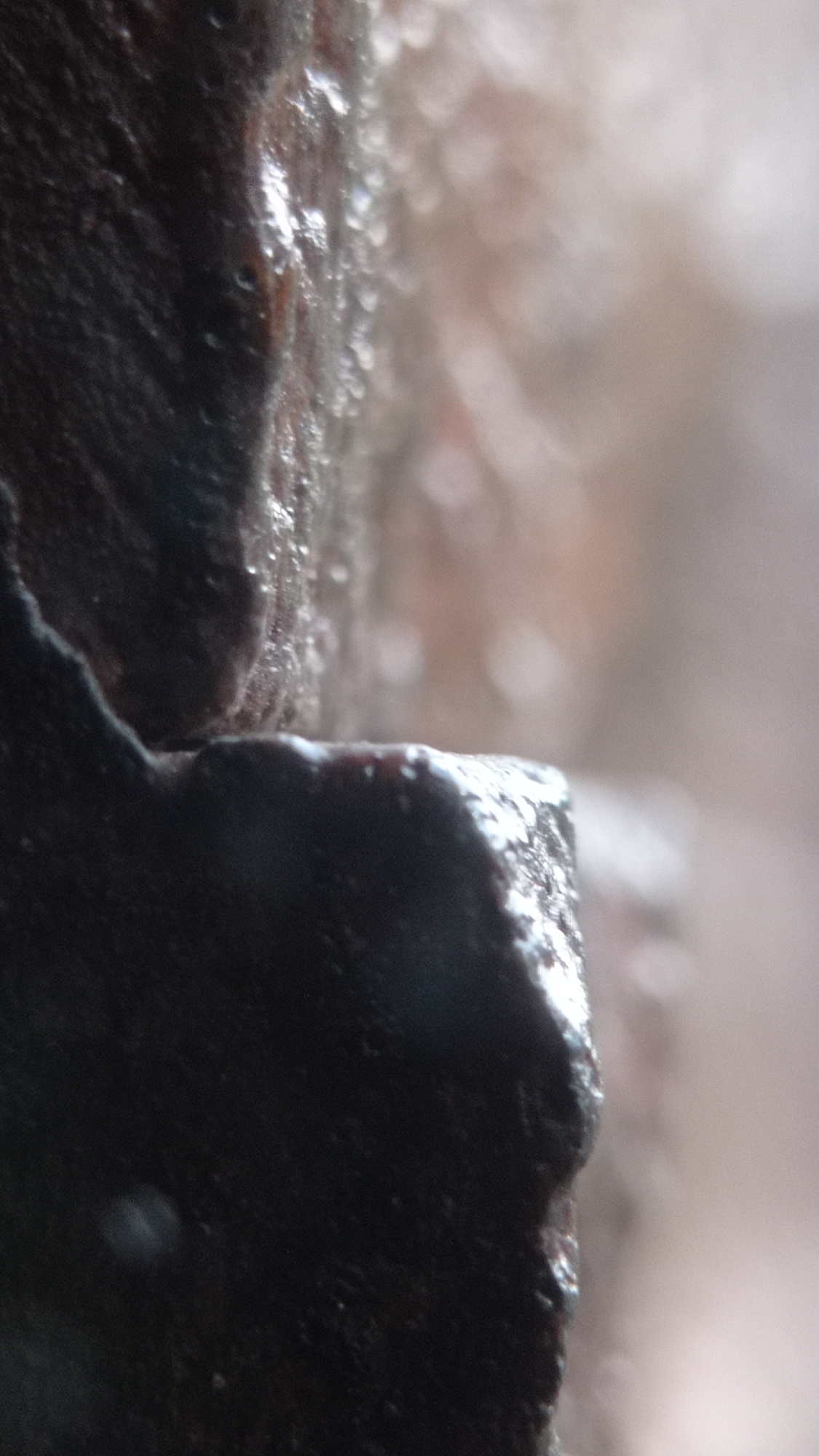 The image is a close-up, abstract shot of what appears to be a rough, dark, textured surface, possibly wood or stone. The surface has a wet or reflective quality, with small droplets or irregularities catching the light. The background is blurred and out of focus, with soft bokeh effects suggesting a light source or distant objects. The color palette is dominated by dark grays and blacks, with some lighter, muted tones in the background. There are no people, animals, or discernible objects that would indicate a specific location or activity. Therefore, it is not possible to provide details about the city of Mulyoagung, Indonesia, or any scene within it based solely on this image.