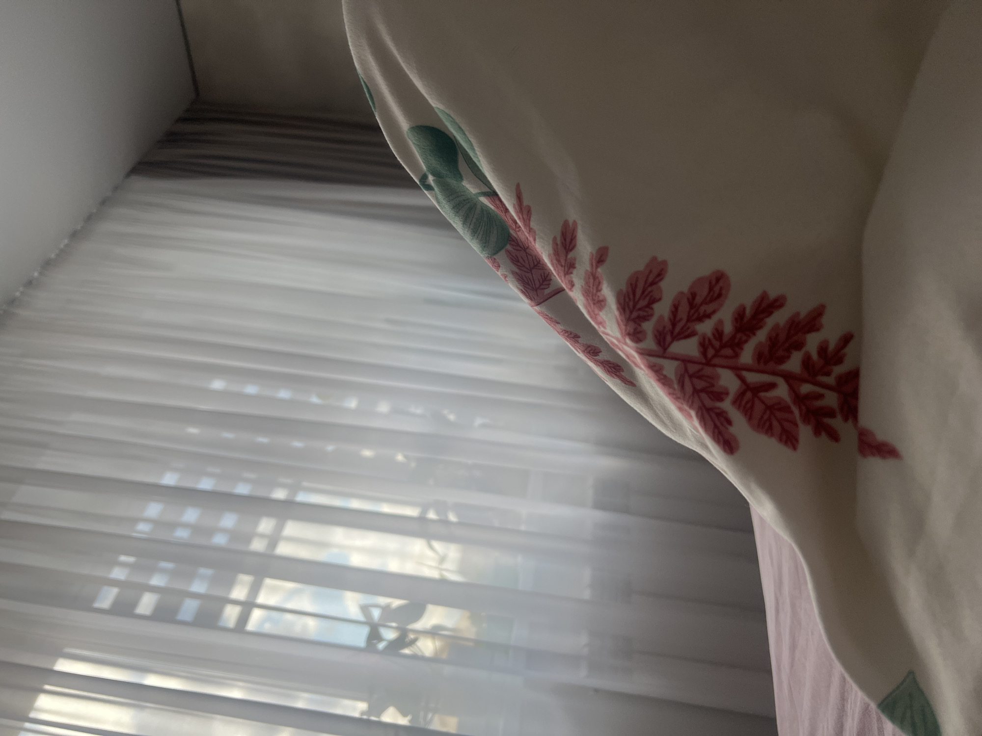 An intimate, slightly rotated indoor shot, taken from a low perspective, reveals a room bathed in natural light. In the foreground, a soft, white fabric, likely a duvet cover or blanket, curves into the frame from the right side. It is adorned with an embroidered or printed botanical pattern featuring delicate green leaves and vibrant pink or reddish fern-like fronds. A hint of a light pink surface, possibly a bedsheet, peeks out from beneath the patterned fabric at the bottom right.
The central and left portions of the image showcase a window covered by sheer, white horizontal blinds or curtains, which gently diffuse the strong daylight streaming in. The horizontal lines of the blinds create a subtle striped effect. Through this translucent covering, the bright sky with soft clouds is visible, along with the faint outline of window panes and some dark, blurry shapes that suggest outdoor plants or structures. The upper left corner reveals a plain, light-colored wall or ceiling.
There are no people or specific activities depicted. The scene exudes a calm and peaceful domestic ambiance, indicative of daytime with sunny or partly cloudy weather. This static interior view is set in Votkinsk, Russia, focusing on light, texture, and a sense of quiet morning or afternoon. No visible text is present in the image.