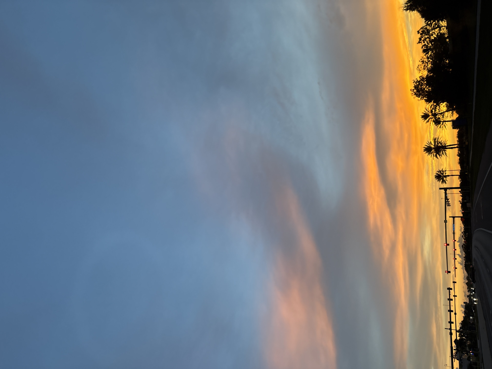 The image depicts a vibrant sunset sky over North Port, Florida, viewed from a roadway. The sky transitions from a soft blue at the top to hues of pink, orange, and bright yellow near the horizon, with wispy clouds catching the fading light. Silhouetted against this dramatic backdrop are several palm trees and other vegetation lining the right side of the road. Traffic lights are visible over the multi-lane highway, some displaying red signals. Cars are moving along the road, their headlights faintly illuminated. The overall scene captures the atmospheric beauty of a sunset in a suburban or semi-rural setting, likely during twilight hours.