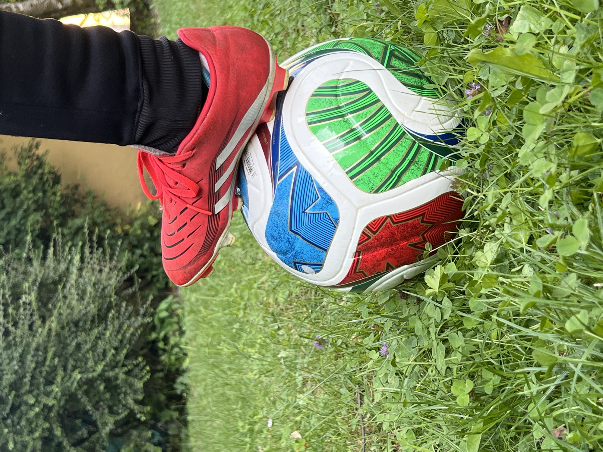 A red soccer cleat with white stripes is positioned on top of a colorful soccer ball, which rests on green grass with clover. The soccer ball features a pattern of red, white, blue, and green. In the background, a dense green hedge is visible, and to the right, a blurred light source and tree are present. The overall setting suggests an outdoor environment, likely a yard or park in Moosburg, Germany.