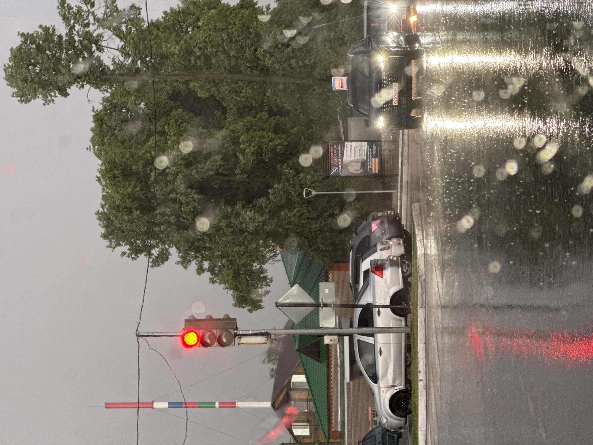 A rainy street scene in Agryz, Russia, features a red traffic light at a railroad crossing. The barrier is partially down. Cars are parked along the right side of the street. The pavement is wet and reflects car headlights. Trees and buildings line the opposite side. A billboard is visible above the parked cars.