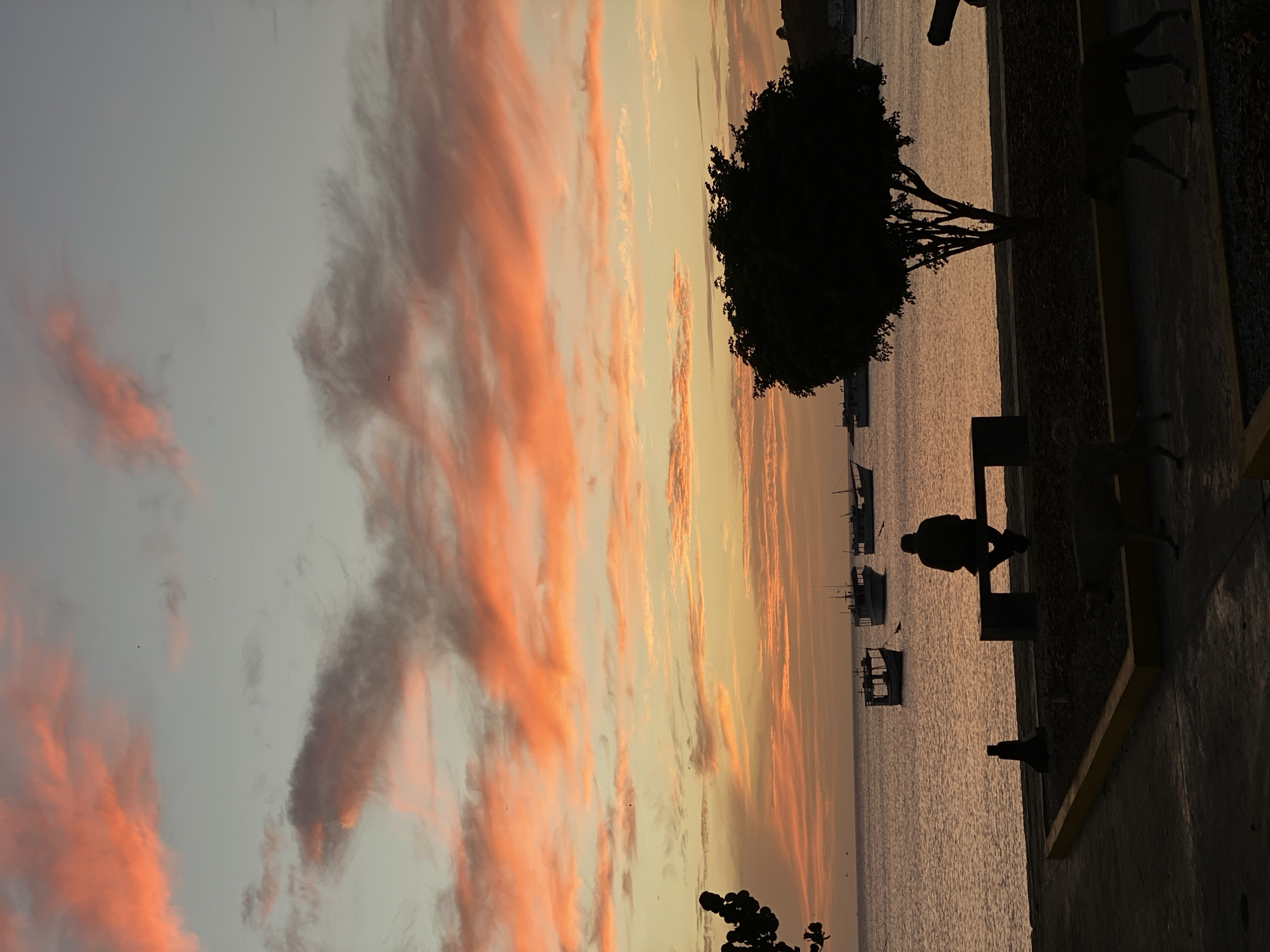A horizontally-oriented image captures a waterfront scene at dusk in Juan Griego, Venezuela. The sky exhibits a gradient from pale grey to orange, with striations of pink-tinged clouds. Silhouetted boats are visible on the water. A dark tree stands on a concrete edge. A person sits on a bench, also silhouetted, facing the water. A portion of a yellow concrete curb or barrier is visible in the foreground.