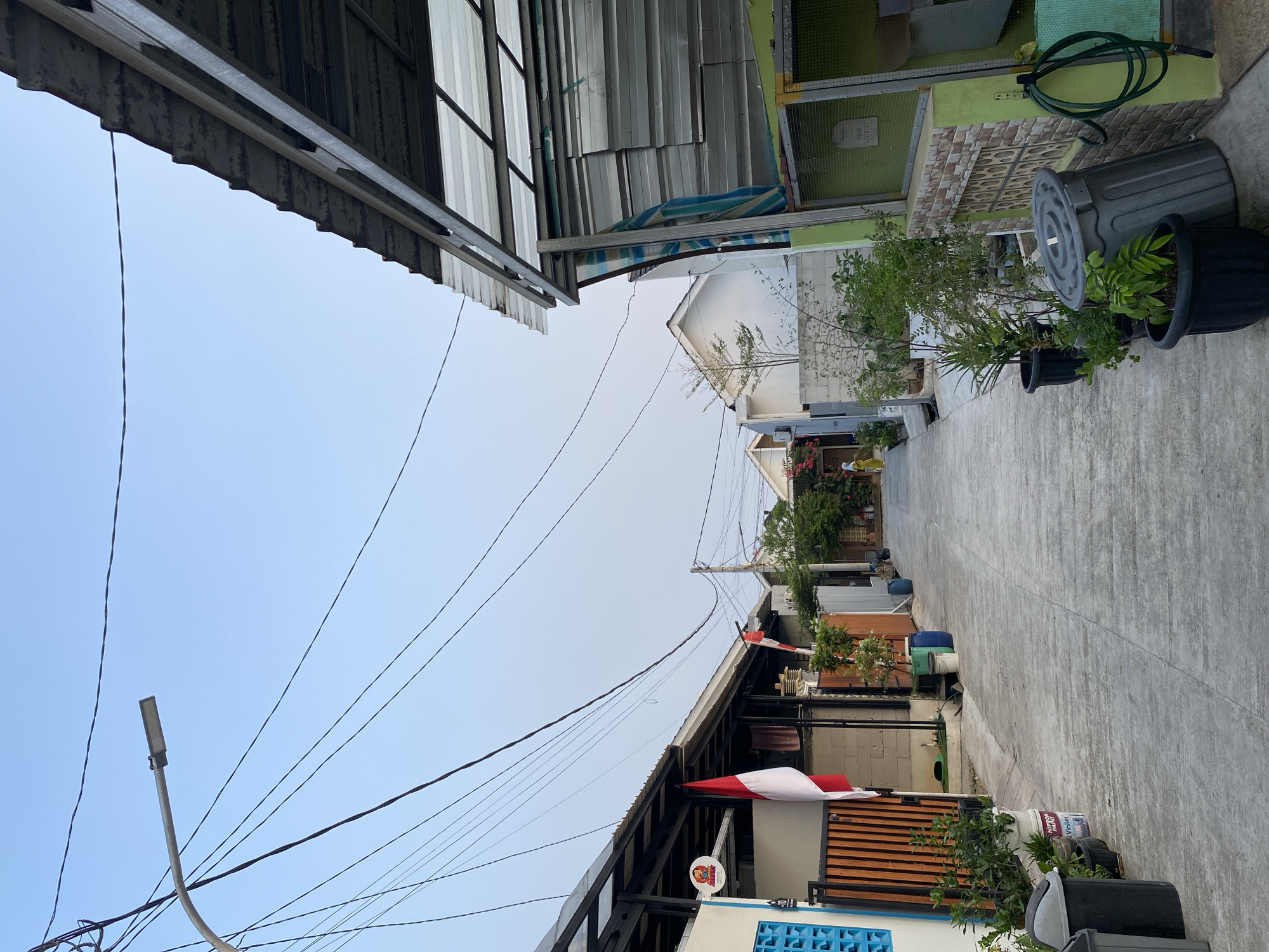 The image depicts a narrow, paved street in the city of Babelan, Indonesia, likely in a residential area. The sky is clear and pale blue, suggesting early morning or late afternoon light. Overhead, a network of black electrical wires crisscrosses the sky, supported by poles. A street lamp with a modern, rectangular fixture is visible on the left.
On the left side of the street, houses and structures are visible. One building has a partially visible sign with red and white lettering and an image. A prominent Indonesian flag, red and white, is displayed, hanging from a structure with a corrugated metal roof. Various potted plants and two trash bins are situated along the walkway.
On the right side of the street, more structures with metal roofs are present. One structure appears to be an enclosure with a wire mesh front, possibly for animals. A green hose is coiled and hanging on the wall. Potted plants and a large, grey trash bin are also located here.
The street itself is concrete, showing signs of wear. In the distance, the street curves slightly and appears to be lined with more houses and vegetation. A person in a yellow garment is walking away from the camera in the middle distance. The overall impression is of a typical urban or suburban street scene in Indonesia.