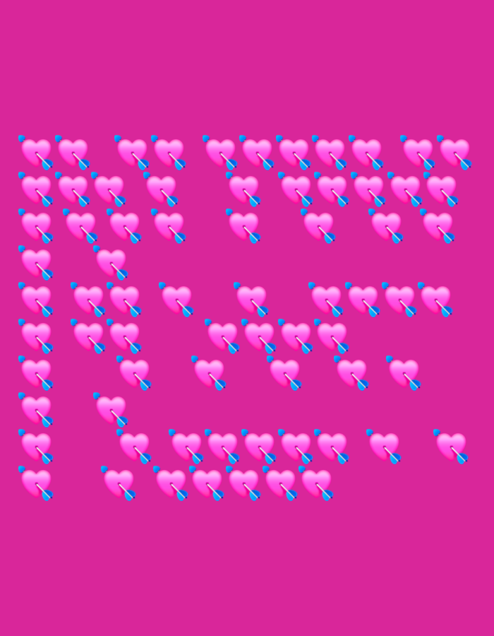 The image displays an arrangement of pink heart emojis pierced by blue arrows against a pink background. The emojis are grouped in columns and rows, forming an irregular pattern. The image does not contain any information relating to Yerevan, Armenia.