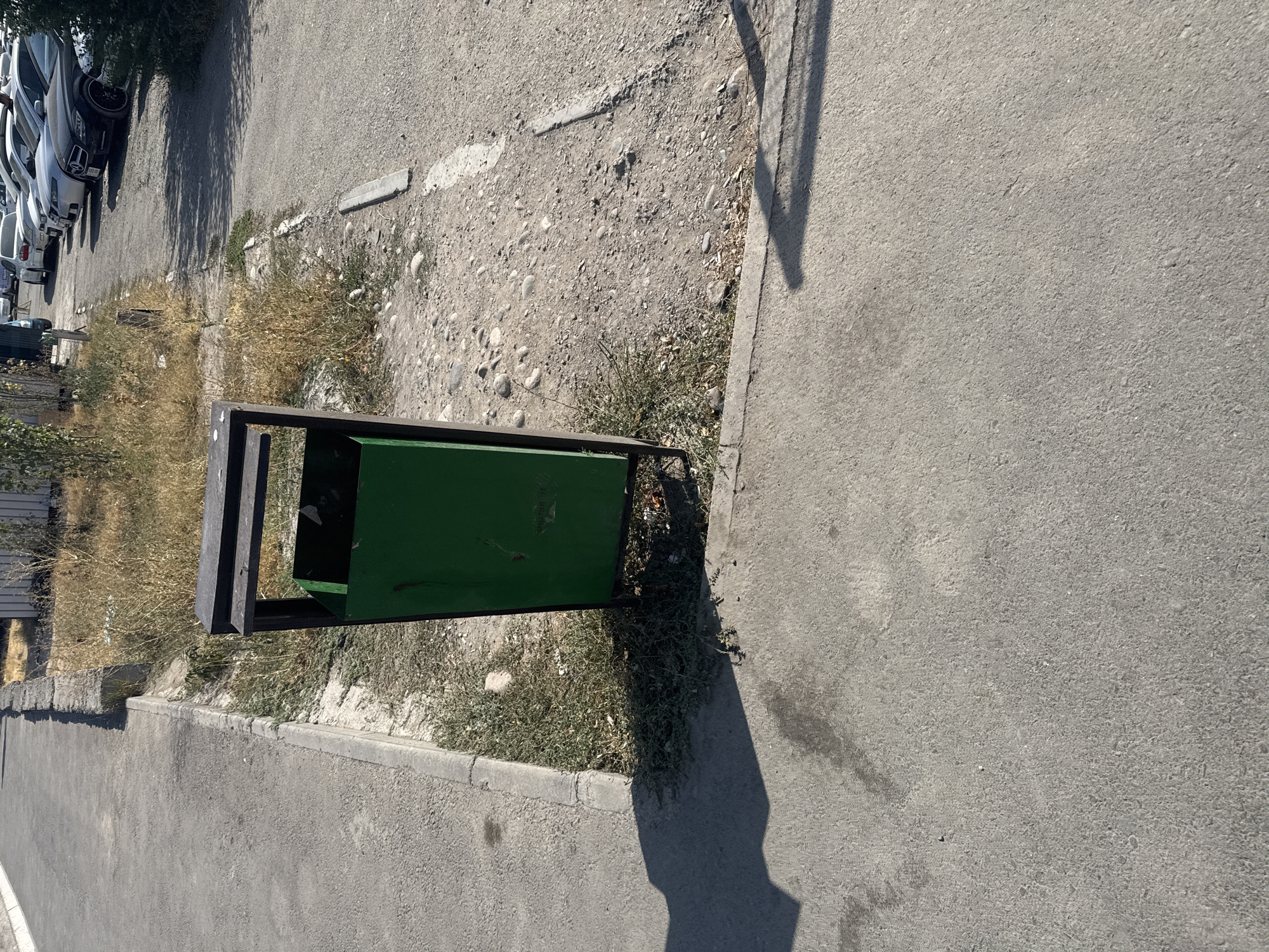 The image depicts an outdoor scene in Bishkek, Kyrgyzstan, likely a public area adjacent to a road or parking lot. A green, rectangular trash bin with a black metal frame stands prominently in the center of the frame. It is situated on a strip of dry grass and gravel, bordered by a concrete curb and asphalt pavement. In the background, a row of parked cars is visible, suggesting this location is near a street or parking facility. The overall environment appears somewhat unkempt, with dry vegetation and scattered debris around the trash bin. The lighting suggests it is daytime, with shadows indicating the position of the sun. There are no people or animals visible in the image.
