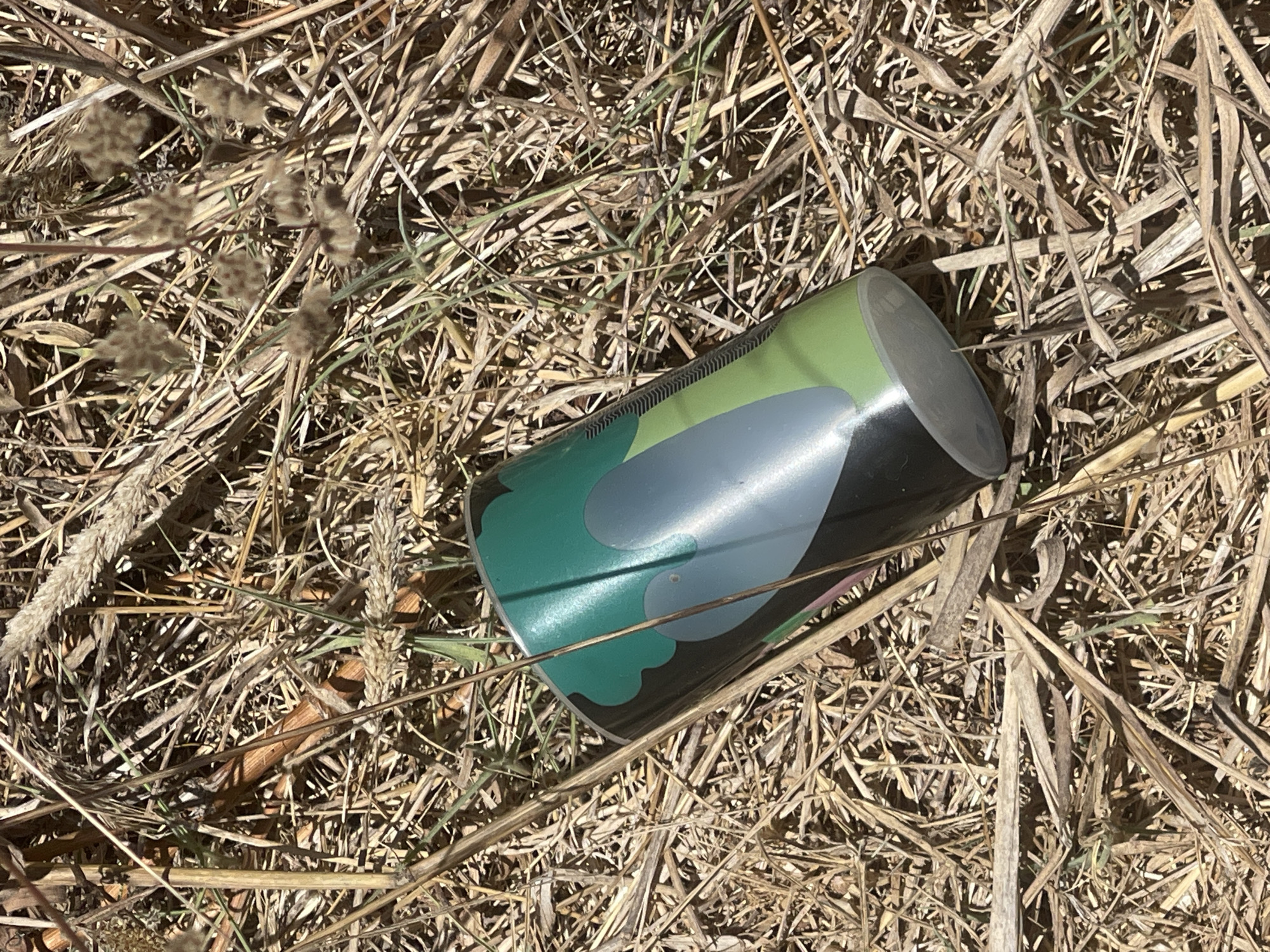 A green and grey can is lying on its side amidst dry grass and other vegetation. The can is cylindrical and appears to be made of metal, with a patterned design featuring abstract shapes in green and grey. The surrounding environment is a dry, sun-drenched area with numerous dried stalks of grass and other plants. The ground is covered with a thick layer of this dead vegetation. The scene suggests an outdoor setting, possibly a natural or semi-natural area. The location is identified as São João das Lampas, Portugal. There are no people or animals visible in the image.