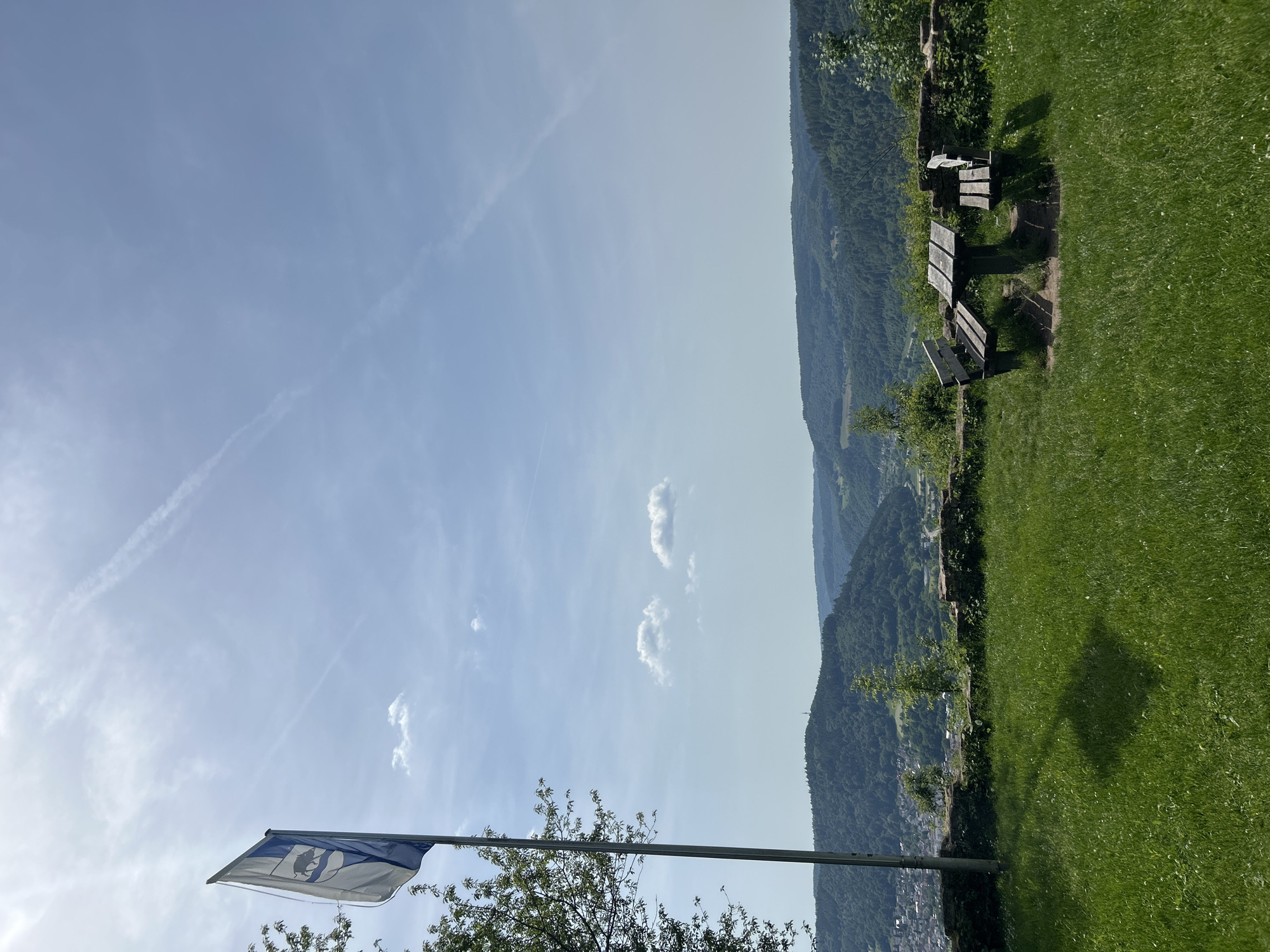 A landscape photograph taken on a sunny day in Eberbach, Germany. The foreground features a grassy area with several wooden picnic tables and benches positioned near a drop-off overlooking the town below. In the middle distance, a green, tree-covered mountainside rises. The backdrop is a clear sky with scattered clouds. In the bottom left corner, a flag bearing a blue-and-white crest flutters atop a pole. The photograph is slightly tilted clockwise.