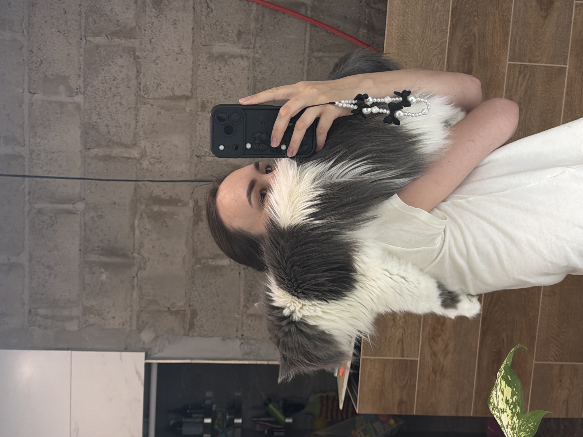 The image depicts a person holding a phone in their right hand to take a selfie. The phone case is black with a pearl and black flower wristlet. The person is wearing a white shirt and is holding a long-haired, grey and white cat in their arms. The background shows a brick wall, white cabinets, and a wood-look tiled floor. A plant with green and white leaves is also visible in the lower right corner. The location is suggested to be Chaikovsky, Russia.