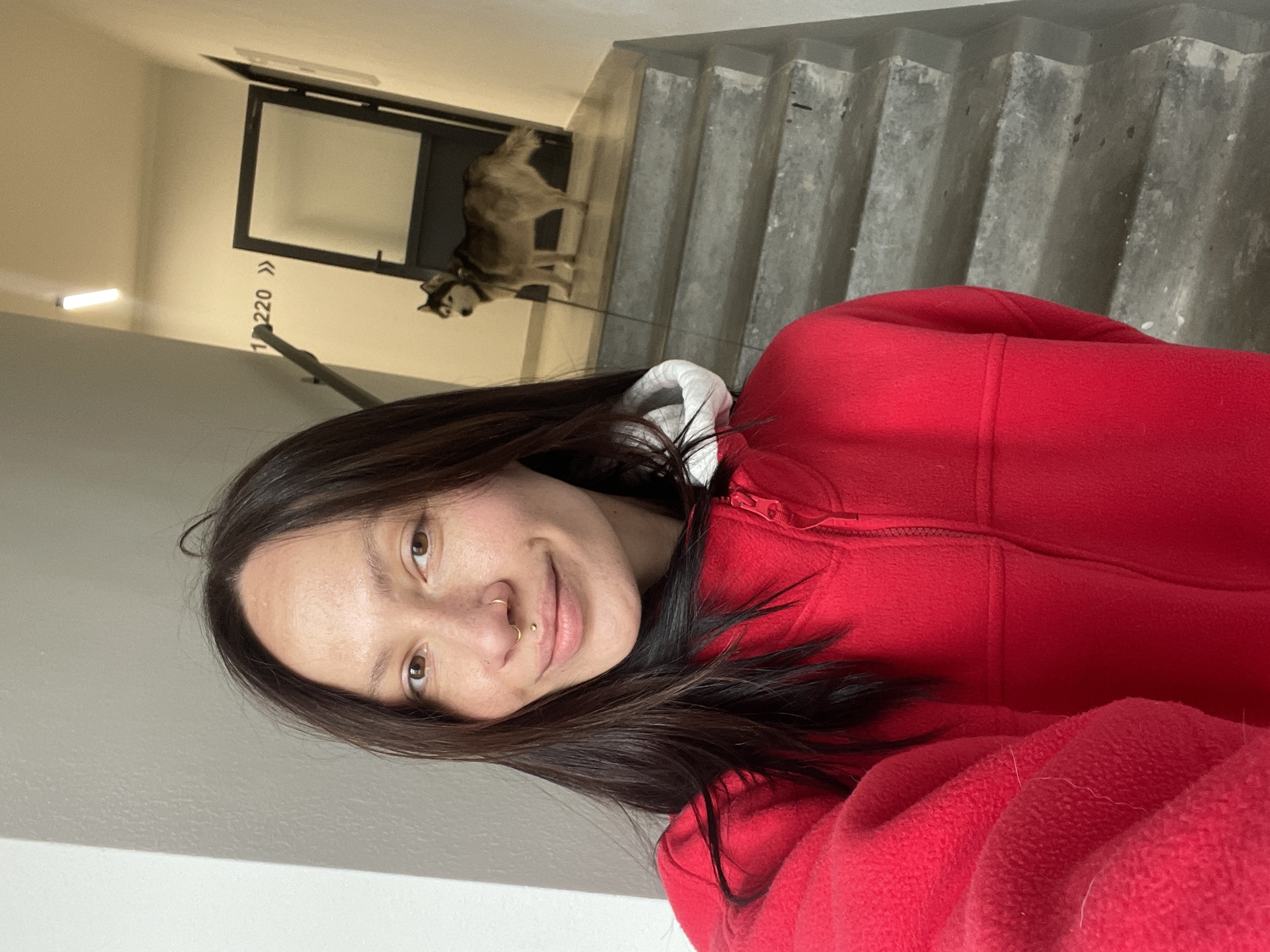 A woman wearing a red fleece jacket stands in a building hallway. A sign near a doorway reads "1220" with a right-facing arrow. Two dogs stand near the doorway on a leash. Concrete stairs are visible on the right. The location is Pervomaysky, Russia.