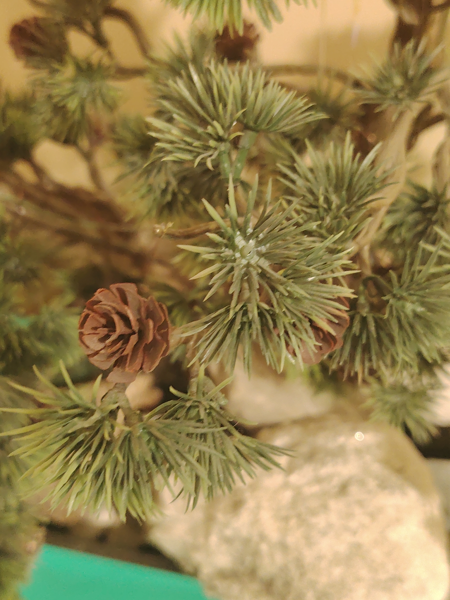 A close-up, shallow depth of field photograph showcases a small, brown pinecone nestled among the green needles of a coniferous plant. The pinecone is the central subject, appearing detailed and textured with its spiraled scales. The surrounding needles are a vibrant green, some sharp and pointed, others softer and feathery, creating a naturalistic bokeh effect. The background is a warm, muted yellow-brown, suggesting an indoor setting or a diffused outdoor light source. To the lower right, a textured, light-colored object, possibly a rock or a decorative element, is partially visible. The bottom left corner of the image shows a sliver of a bright green surface, perhaps a table or a planter. The image is an artistic composition focusing on the textures and colors of the natural elements.