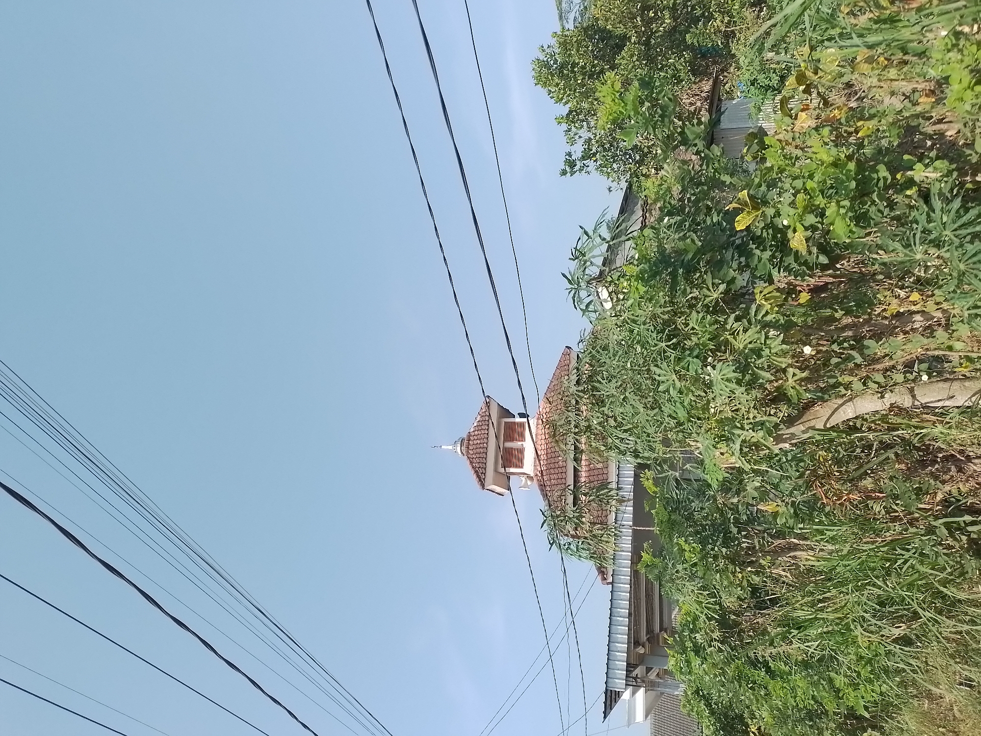 The image shows a mosque with a tiled roof and a tower, partially obscured by lush green vegetation. The mosque has white window-like openings on its tower. Several power lines are visible crisscrossing the clear blue sky. The scene appears to be in a rural or suburban area, possibly in Ngancar, Indonesia, given the tropical foliage. The mosque's architecture suggests it is a place of worship. There are no people visible in the image. The environment is characterized by abundant plant life and infrastructure for electricity.