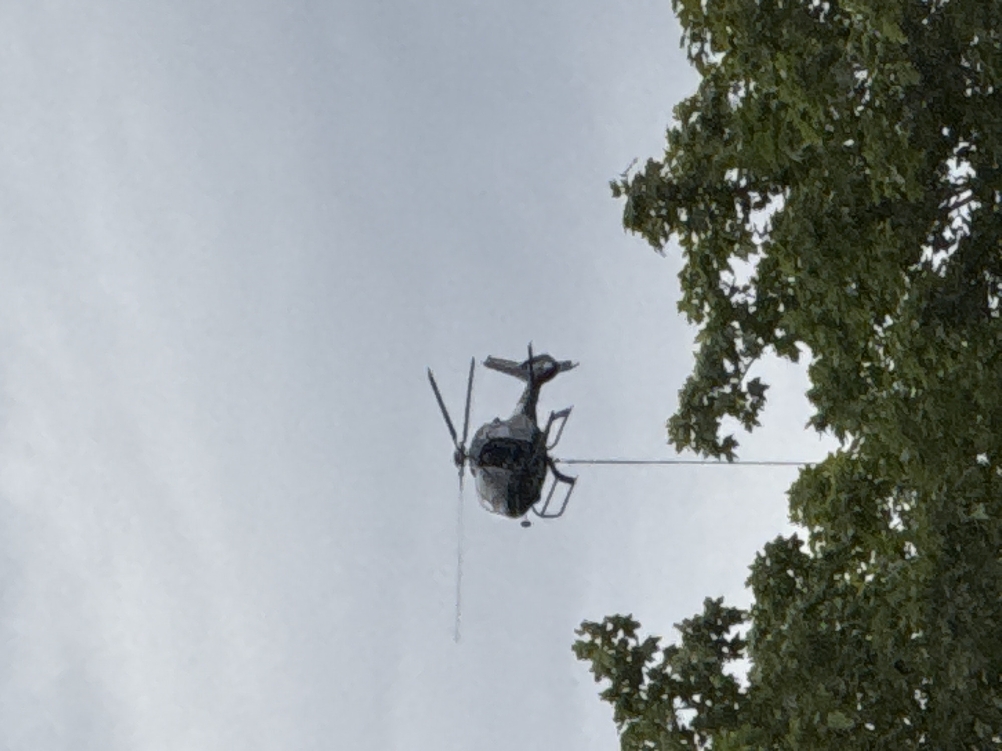 A dark helicopter is captured mid-air against a cloudy, overcast sky. It appears to be a light utility helicopter, possibly a Eurocopter EC120 Colibri or similar model, with a single main rotor and a tail rotor. A cable or tether hangs vertically from the helicopter's underside, extending downwards. The bottom portion of the image shows the tops of lush green trees, suggesting the helicopter is flying at a relatively low altitude. The location is identified as Österskär, Sweden. No people are visible in the frame.