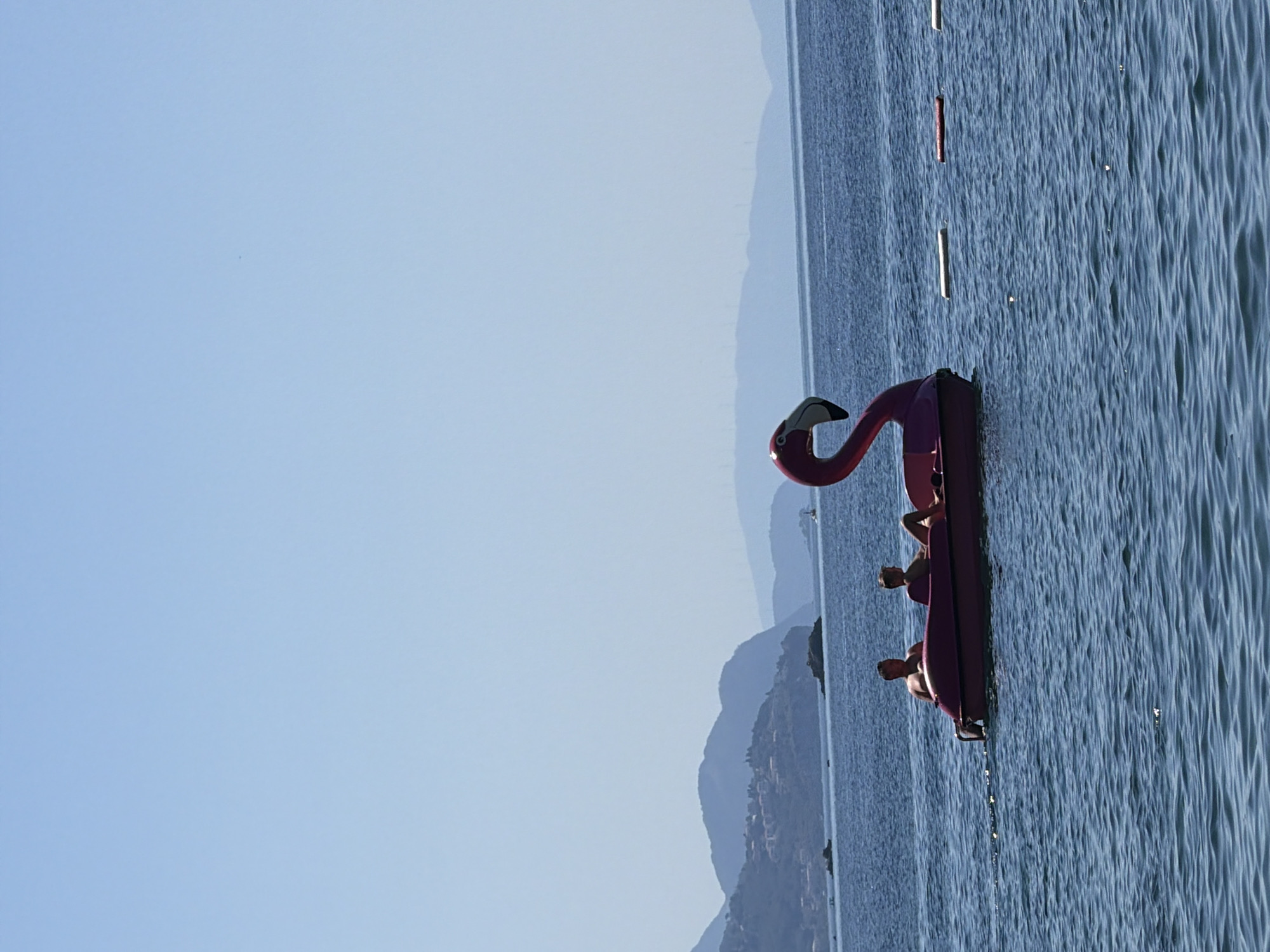 A pink flamingo-shaped paddleboat is on a calm body of water. The paddleboat is occupied by at least two people, whose bodies are silhouetted against the bright sky. The person in the front appears to be steering. The water is a deep blue with ripples on the surface, and sunlight glints off the water in several places. In the background, a series of hazy blue mountains rise from the water's edge, with some buildings visible on their slopes. The sky is a clear, pale blue, suggesting it is daytime. The overall impression is one of leisure and relaxation on a sunny day.