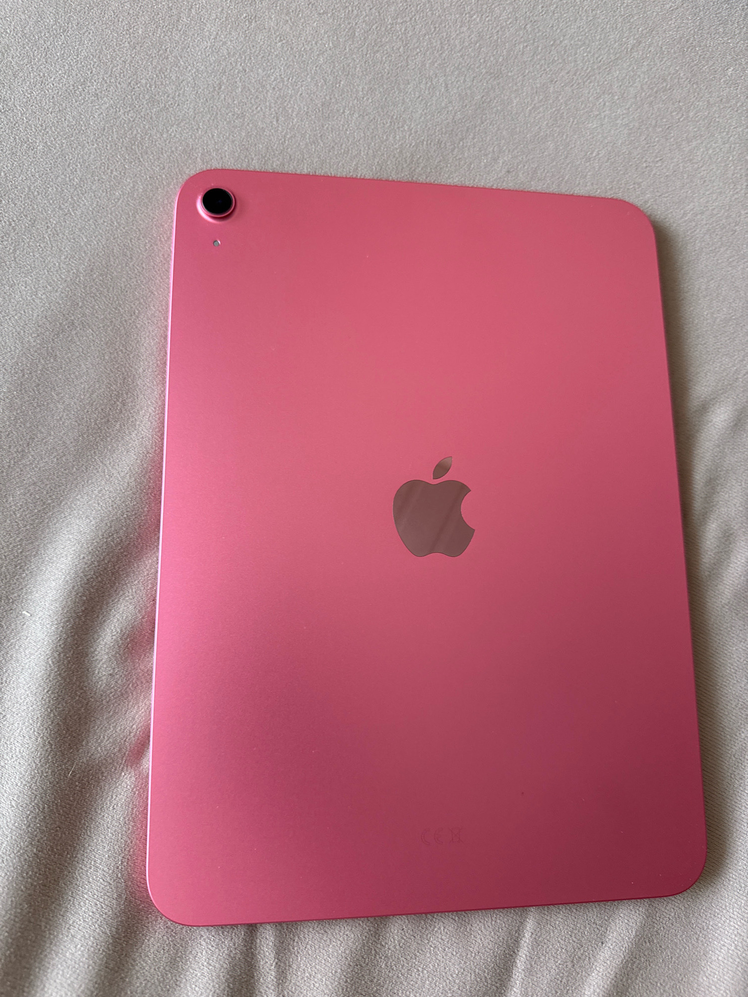 The image shows the back of a pink iPad Mini. The Apple logo is visible in the center of the device. The iPad is lying on a textured gray surface, possibly a blanket or tablecloth. The camera lens is located in the top left corner of the iPad. There is also some faint text near the bottom edge of the iPad. There is no indication that this image is located in Tachov, Czechia.