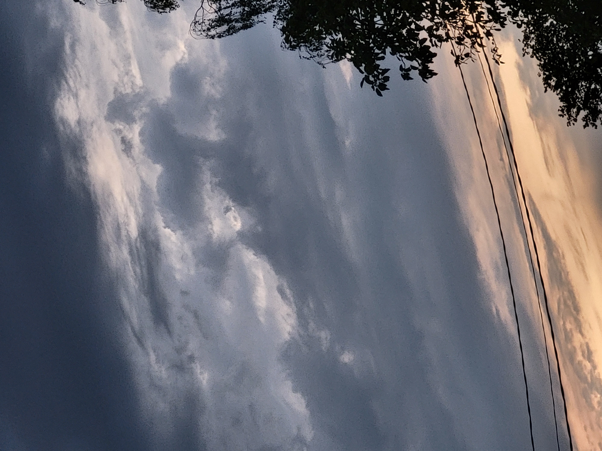 The image depicts a dusky sky with scattered clouds, tinged with hues of grey and a soft orange glow near the horizon. Silhouetted against the sky are the dark branches of trees on the right side and two horizontal power lines stretched across the lower portion of the frame. The scene has a serene, slightly melancholic atmosphere, possibly capturing the end of a day. The location within Jelgava, Latvia, is not explicitly visible or determinable from the visual information presented in the image.
