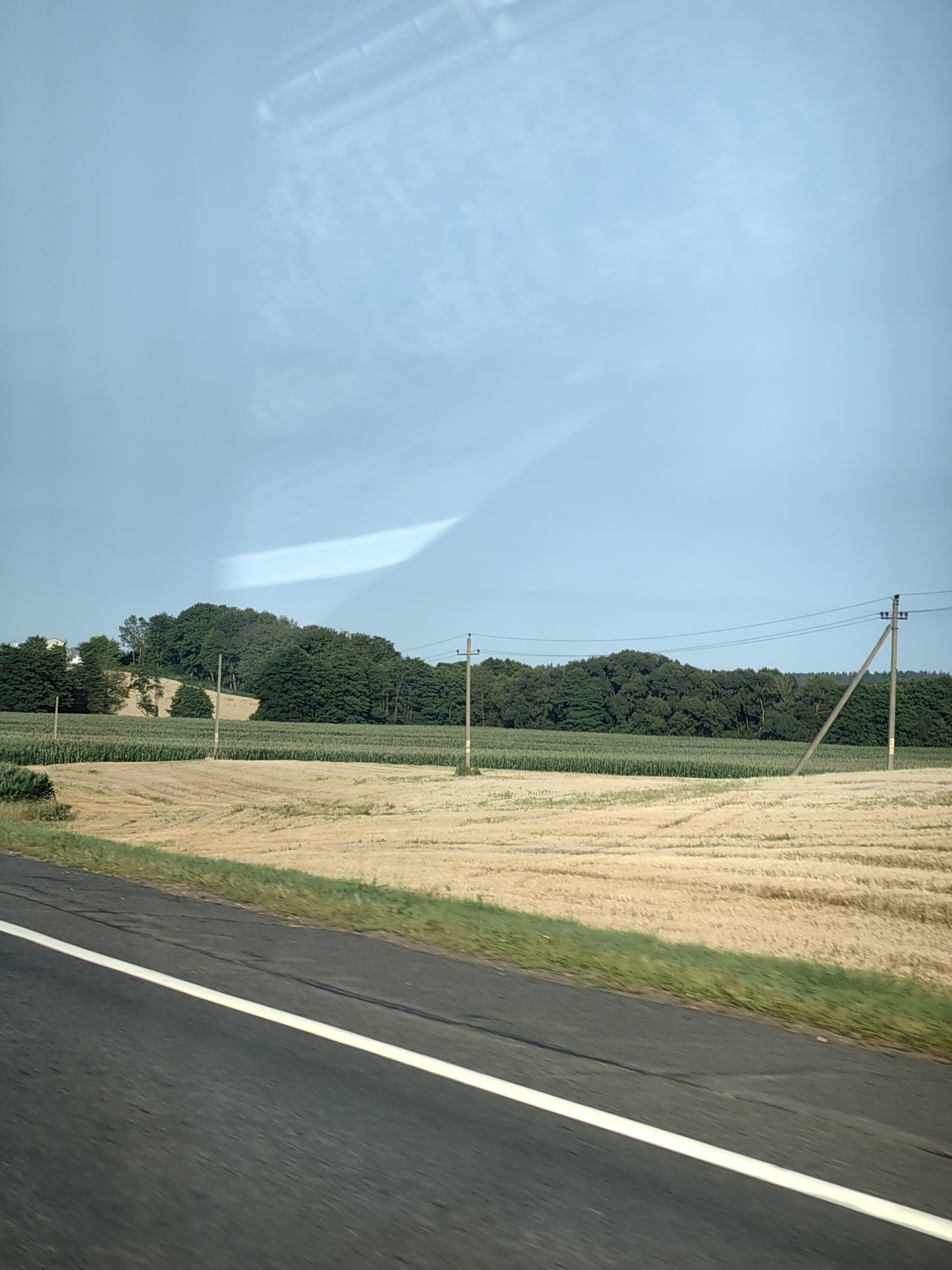 The image depicts a rural landscape in the vicinity of Міханавіцкі сельскі Савет, Belarus. A paved road with a white line runs along the bottom foreground, suggesting movement. Beyond the road, a harvested field of stubble is visible, with rows of cut stalks stretching across the frame. Further in the background, a green field of standing crops, possibly corn, is present. A dense line of trees forms the horizon, with a hill covered in trees and some structures faintly visible on its slope. Several utility poles with wires traverse the scene, indicating the presence of infrastructure. The sky is clear with a pale blue hue and some subtle cloud formations. The overall impression is one of a tranquil, agricultural setting under an open sky.