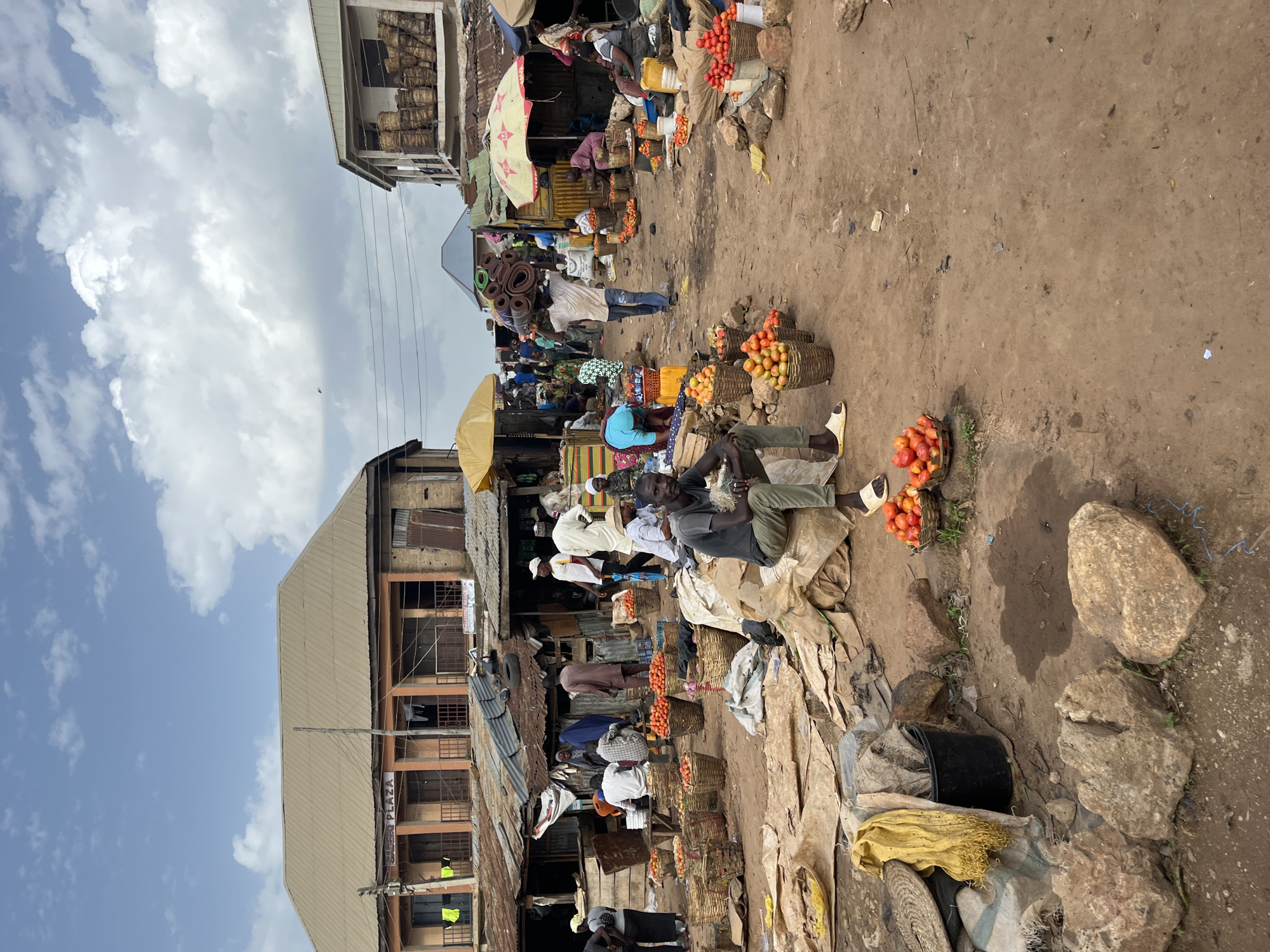 The image depicts an outdoor market scene, likely in a dusty, rural area of Rafin Par, Nigeria. In the foreground, a man sits on a sack, wearing a dark t-shirt and green pants, with a basket of tomatoes to his right. The ground is a mixture of dirt and scattered rocks, with some fabric and a black bucket visible to the left.
Further into the market, various stalls and makeshift structures are present, with corrugated metal roofs. Numerous baskets filled with red tomatoes are displayed for sale. People are seen engaged in various activities: some are standing and talking, others appear to be vendors or shoppers. In the background, buildings with similar corrugated roofs and painted facades line the market. The sky is partly cloudy.
A man in the middle ground carries a large bundle of rolled-up mats on his head. Another man in a white shirt and hat is seen in the middle right of the image. Yellow and red umbrellas provide shade over some of the stalls. The overall impression is a bustling, informal marketplace.