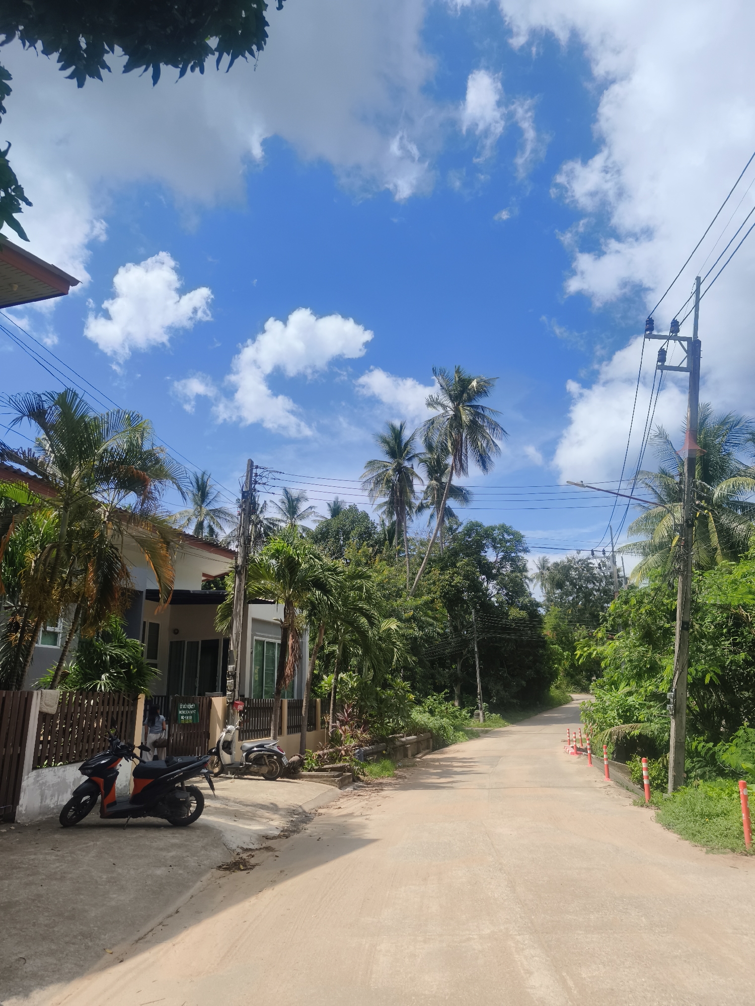 A dirt road curves through a residential area with palm trees and lush green foliage under a bright blue sky with scattered white clouds. To the left of the road are two houses with light-colored exteriors, one featuring a dark-colored fence with a wooden gate. A black and orange motorcycle is parked on the paved area in front of the houses. A white scooter is parked further down the road. A utility pole with wires runs along the right side of the road, and orange and white traffic cones are visible along the edge of the road. The scene appears to be in Baan Lamai, Thailand, based on the provided context.
