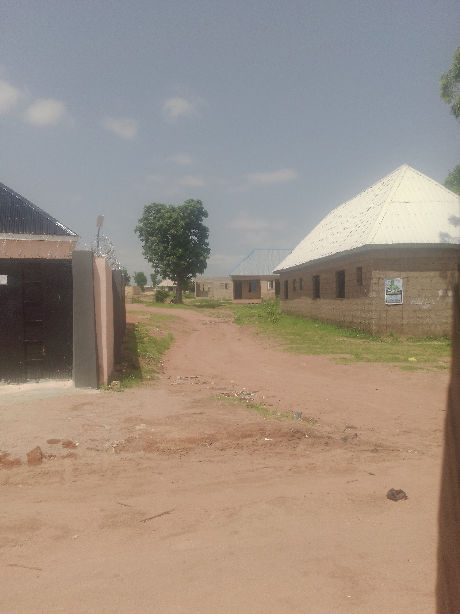 The image depicts an outdoor scene in Jauro Yinu, Nigeria. A dirt road runs through the foreground and into the background, flanked by vegetation and several buildings. On the left, a dark metal gate is visible, attached to a concrete wall topped with barbed wire. Beyond the gate, a building with a dark, corrugated roof is partially visible.
Further down the road, to the right, stands a building with a white, gabled roof made of corrugated metal. This building appears to be constructed from concrete blocks and has several dark, rectangular windows. A poster with an image and text is affixed to its wall. Behind this building, another structure with a blue, corrugated roof can be seen, also with visible windows.
A large, leafy green tree stands in the mid-ground, between the gate and the buildings. The sky above is pale blue with scattered white clouds. In the distance, several other smaller buildings and trees are visible. A person is seated on the ground near the base of the large tree. The ground is composed of reddish-brown dirt and patches of dry grass. The overall impression is one of a rural or semi-urban settlement under a clear sky.
