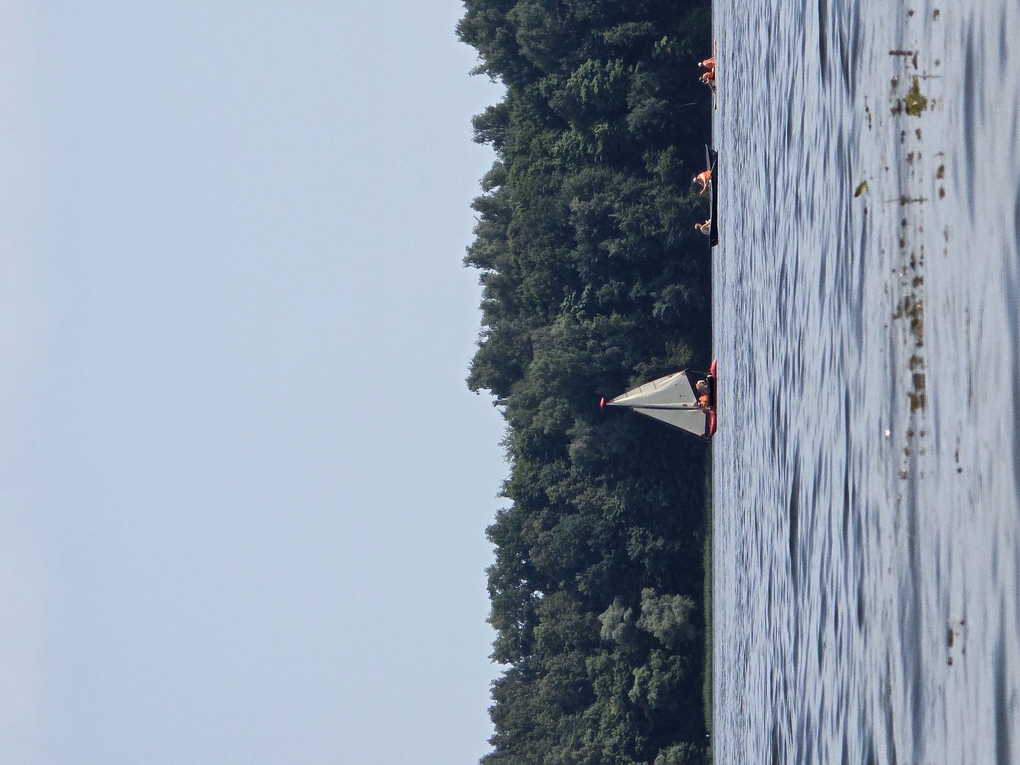 A wide shot captures a serene summer day on a lake near посёлок гидроузла имени Куйбышева, Russia, with a backdrop of lush green trees. The clear sky is a pale blue, offering a sense of tranquility. In the foreground, the lake's surface is rippled, with patches of what appear to be aquatic plants or debris floating on top.
Several vessels are present on the water. To the left, a small sailboat with a white sail and red trim is sailing. It appears to have at least one person on board, wearing an orange life vest. To the right of the sailboat, a dark rowboat with two people is visible. One person is rowing, and the other is seated. Both are wearing orange life vests. Further to the right, a red paddleboard or similar craft carries two individuals, also in orange life vests. The people are engaged in recreational water activities.
The lake is bordered by a dense forest of deciduous trees, their deep green foliage creating a natural and untouched boundary. The overall scene is one of peaceful outdoor recreation on a warm day.