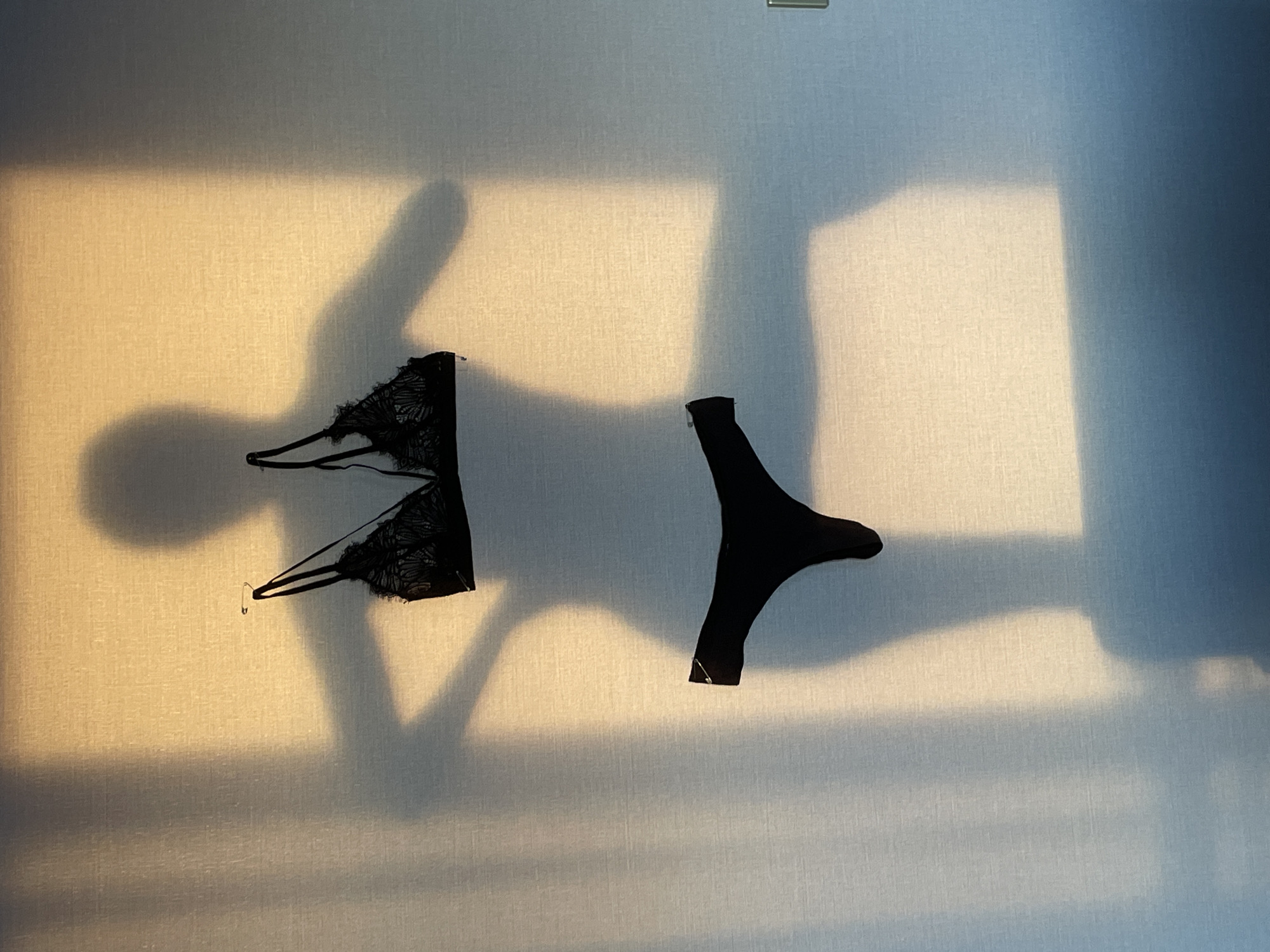 The image shows a wall with a window casting light across it. A black lace bra and a pair of black underwear are pinned to the wall. The scene is indoors. There is no indication that this image was taken in Подшивалово, Russia.