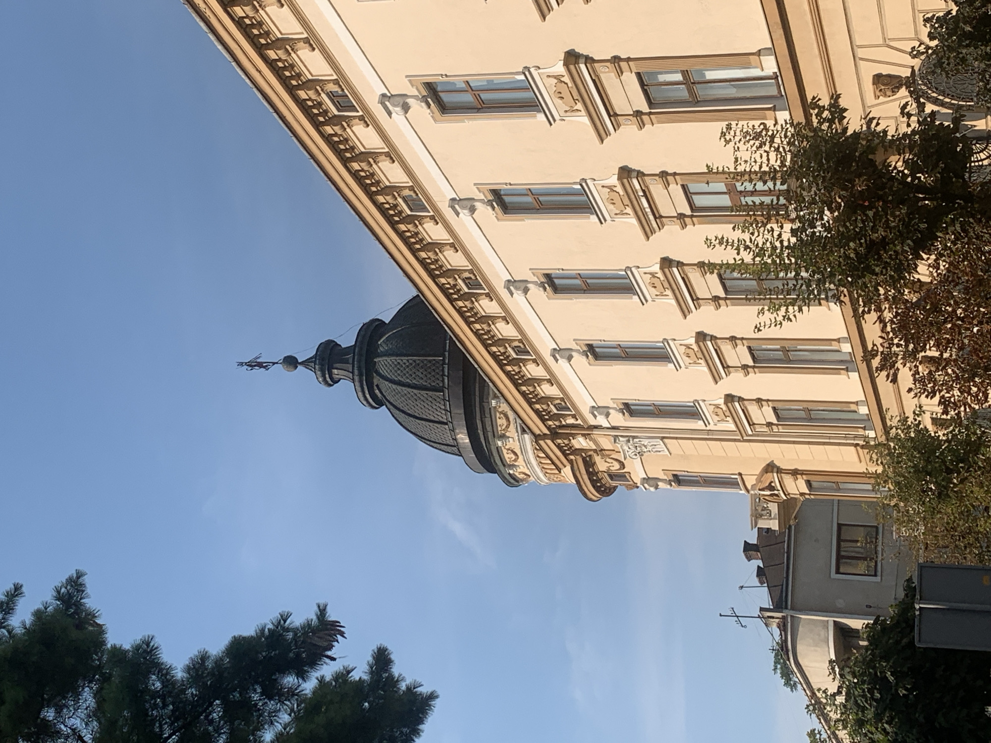 The image captures the facade of a historic building with a prominent dome, located in Kolomyia, Ukraine. The building is painted in a light yellow hue and features ornate architectural details, including decorative window frames and a decorative cornice. A dark, round dome rises from the top left of the building, topped with a small statue. To the left of the main building, a portion of a pine tree with green needles is visible, its branches extending into the blue sky. In the background, other buildings with tiled roofs and some greenery can be seen, indicating an urban setting. The sky is clear and blue, suggesting fair weather. The overall scene depicts a street view in the city.