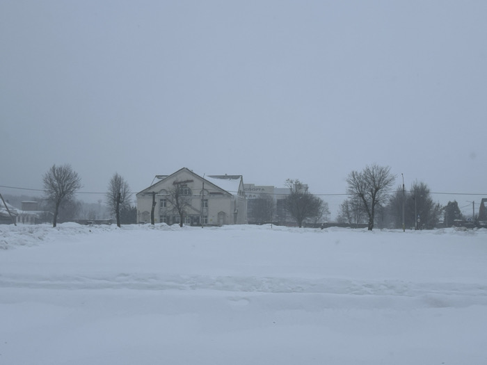 The image depicts a snow-covered winter landscape in Большевик, Russia, under an overcast sky. In the foreground, an expansive, flat area is blanketed in deep snow, showing some indistinct tracks or disturbances at the bottom edge. In the midground, a line of bare deciduous trees with visible branches stands between the foreground snow and the distant structures. To the left-center, a light-colored, two-story building with a prominent pitched roof and decorative window frames is visible. Further back and to the right of this building, a larger, flatter-roofed structure is partially obscured, displaying Cyrillic text "СПОРТА" (SPORT) on its facade. Additional bare trees and indistinct structures are present towards the right side of the background. The environment is uniformly covered in snow, indicating cold weather conditions, and no individuals or active elements are visible.
