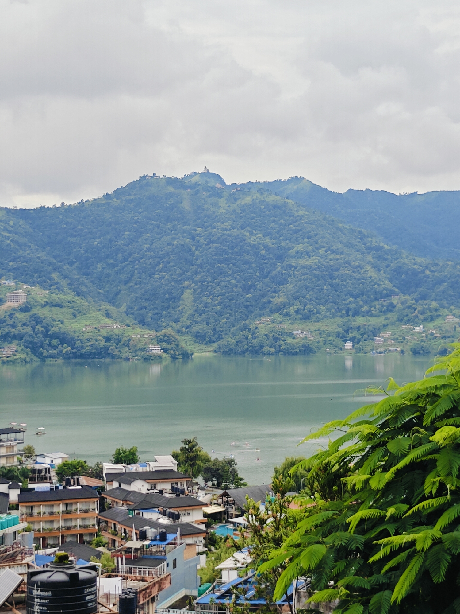 The image captures a serene view of Phewa Lake in Pokhara, Nepal. The lake, a prominent feature of the city, is calm and reflects the lush green hills that surround it. In the foreground, a cluster of buildings, likely hotels and guesthouses, line the shore, with some featuring balconies and dark tiled roofs. A large black water tank is visible on one of the rooftops. On the lake itself, several small boats are scattered, with some appearing to be rowed by individuals. The background is dominated by rolling green mountains, their slopes dotted with smaller settlements and dense vegetation. The sky is overcast with white and gray clouds, contributing to the soft, diffused lighting of the scene. In the far distance, atop one of the highest peaks, a white structure, possibly a stupa or temple, is faintly visible. Vibrant green foliage from a tree in the immediate foreground partially obscures the view on the right side of the frame, adding a natural element to the urban landscape.
