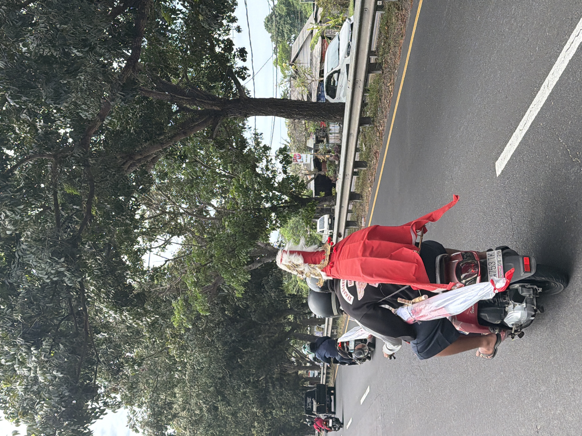 A man on a red scooter in Sukawati, Indonesia, is carrying a large red cloth on his back, along with a white cloth object that resembles a banner or flag. He is wearing a black jacket with white writing and dark shorts. A second person is riding behind him on the same scooter, also wearing a helmet. Another person on a scooter is visible ahead of them, wearing a green helmet. Further down the road, a black pickup truck is driving away, and a white car is parked on the right side of the road. The road is lined with trees on both sides. There is a metal guardrail separating the road from a grassy area and some buildings. The sky is cloudy.