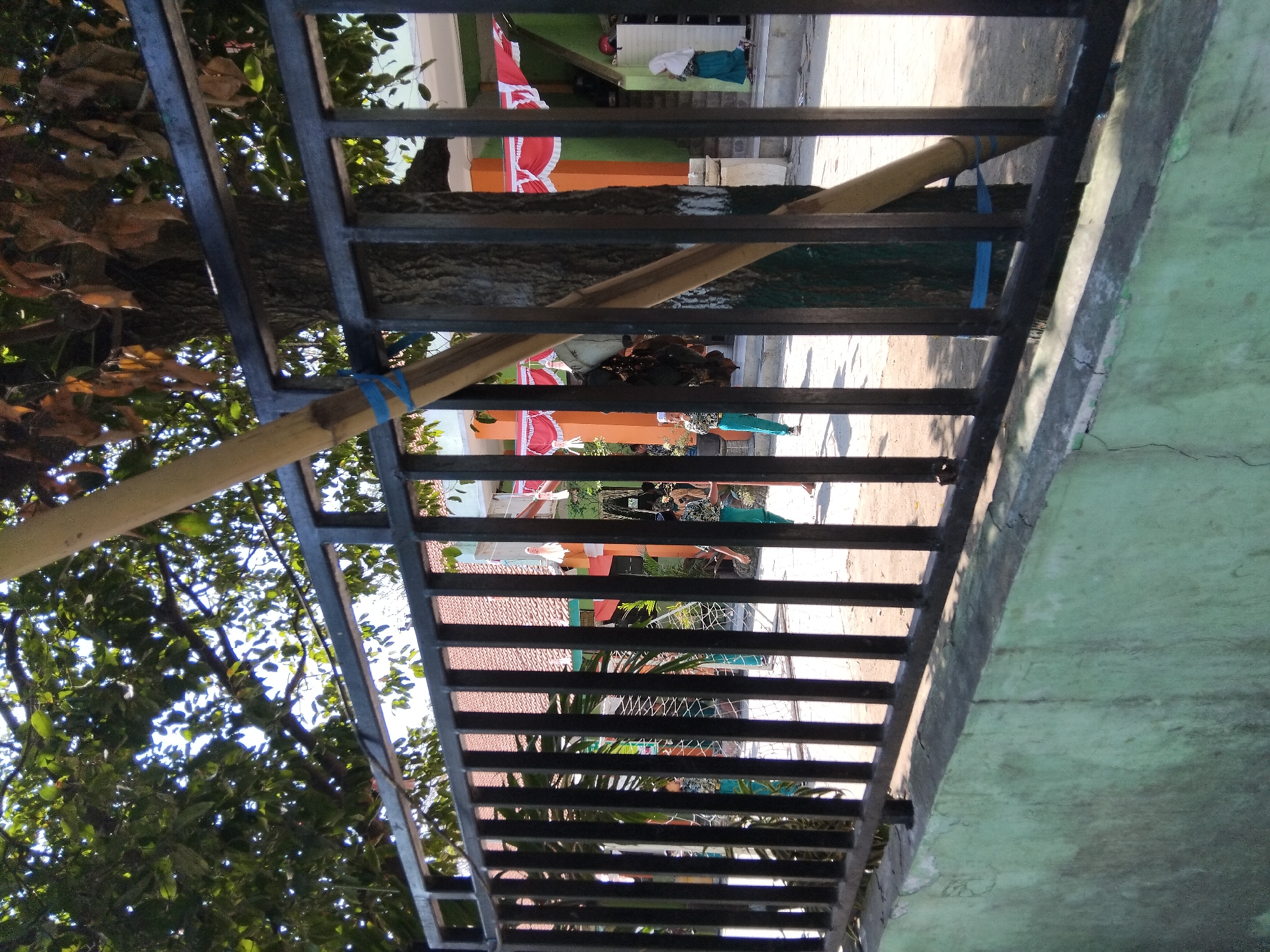 The image depicts a schoolyard in Berbek, Indonesia, as evidenced by the red and white pennants which are commonly used for national celebrations in Indonesia. The foreground features a black metal fence with vertical bars, partially obscuring the view of the schoolyard. Behind the fence, a large tree with a textured bark stands prominently, supported by a diagonally placed bamboo pole tied with blue tape. In the middle ground, several children, seemingly students, are visible. One child, wearing a white cap and a patterned shirt with green pants, stands to the left, looking towards the viewer. Another child, in a similar outfit, is also present. Further back, other children in uniform are seen, some engaged in activities. The background reveals a building with orange and green walls, adorned with more red and white pennants, and a tiled roof. The ground is paved with concrete. The overall scene suggests a lively school environment on a sunny day.