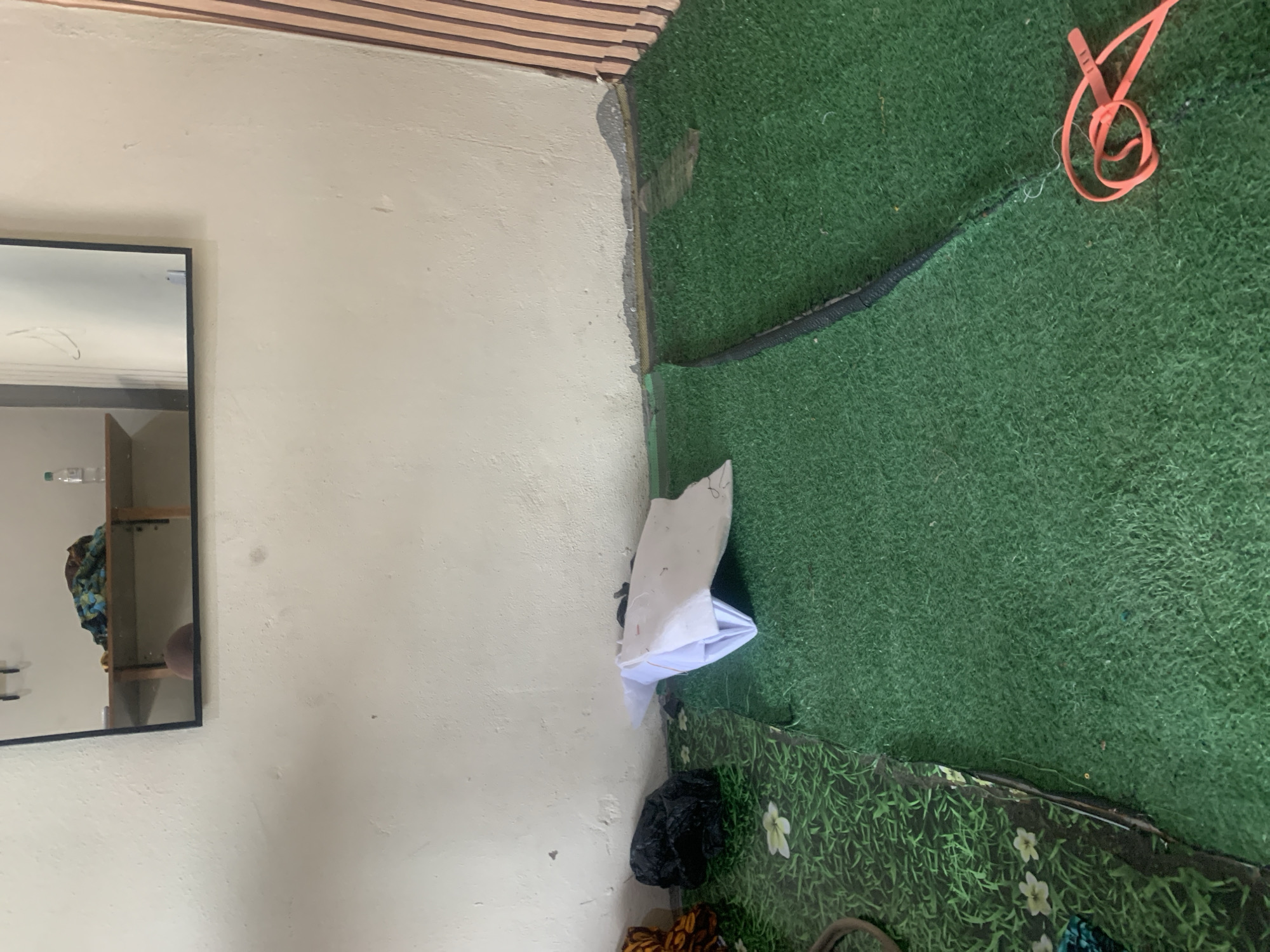 The image shows an indoor scene, likely a room, with a textured white wall. In the foreground, there are two sections of artificial grass carpet. The left section has a pattern of green grass and white flowers, while the right section is a plain green. A black object, possibly a bag or clothing, sits on the patterned carpet. A folded white paper object is also on the carpet. A pink cord or ribbon is visible on the right side of the plain green carpet. In the background, a mirror reflects a shelf with items, including a bottle of water and fabric. The wall appears to have some damage or discoloration near the floor. The setting is a room, possibly in Jauro Yinu, Nigeria, but no specific landmarks or context confirm this location.