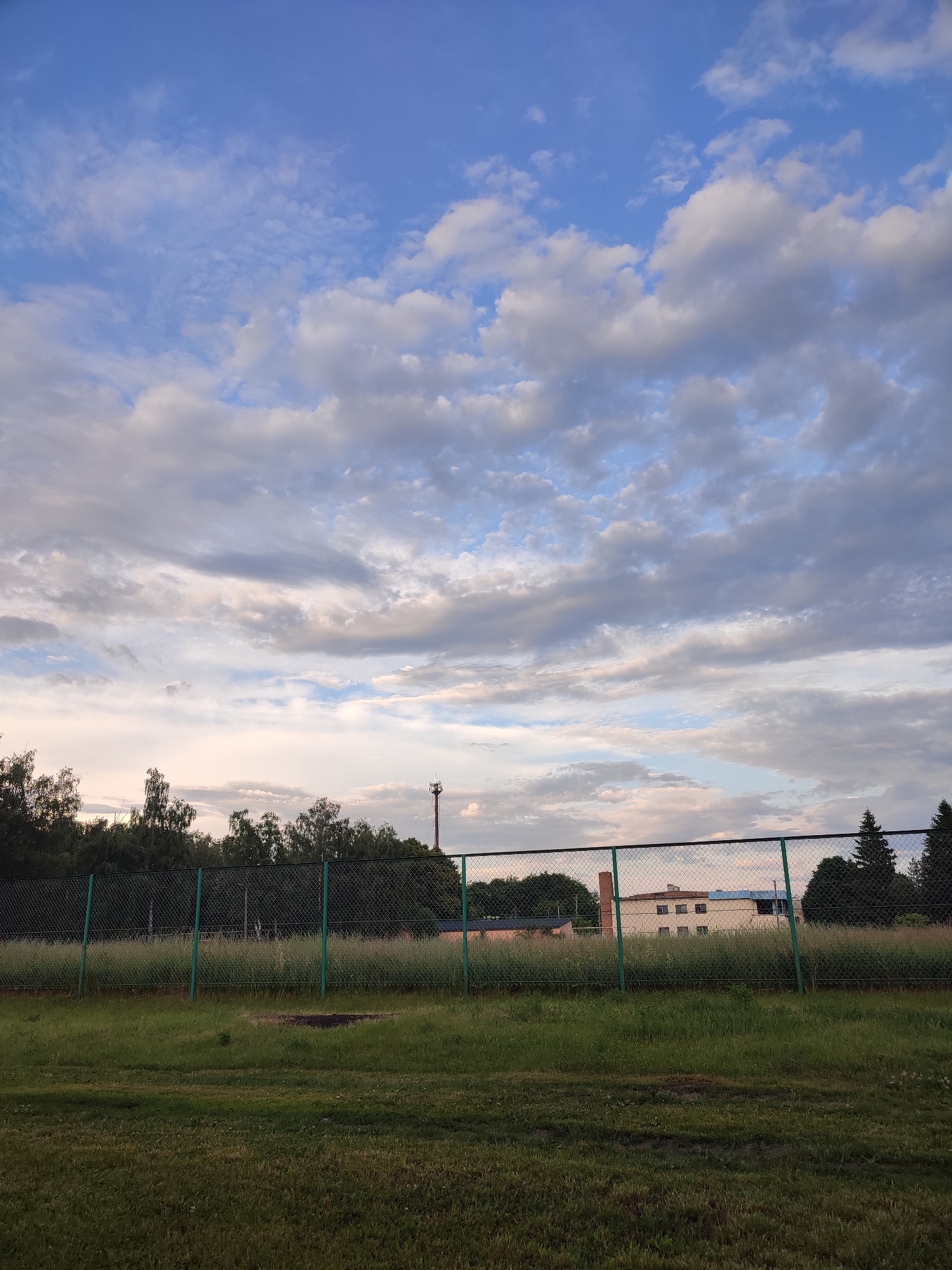 The image depicts an outdoor scene at dusk, likely in the city of Voskobiinyky, Ukraine. In the foreground, a grassy field is visible. A chain-link fence, supported by green metal posts, runs horizontally across the mid-ground. Beyond the fence, a dense line of trees stretches across the landscape. Further in the background, a light-colored building with a blue roof and multiple windows can be seen. To the right of the building, a tall, red cellular tower is situated. The sky above is filled with a mix of blue sky and scattered clouds, with some areas of pink and orange suggesting the setting sun. No people are present in the image.