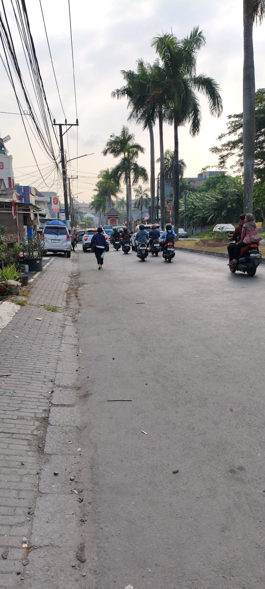 The image depicts a street scene in West Jakarta, Indonesia. A paved road is lined with a sidewalk made of interlocking bricks on the left. Several palm trees are visible along the right side of the road, with one tall, slender palm tree prominently featured. Overhead, a tangle of electrical wires crisscrosses the sky, supported by utility poles. On the sidewalk, there are potted plants and some debris.
The road itself has several vehicles, including a silver SUV parked on the left and multiple motorcycles in motion. A person wearing a dark jacket and blue pants is walking away from the camera on the sidewalk. Several individuals are riding on motorcycles, some with passengers. One motorcycle in the foreground on the right carries two people; the passenger in the back is wearing a pink and white hijab. Buildings with red roofs and white walls are visible on the left side of the street. The overall atmosphere appears to be a typical urban street with moderate traffic during daylight hours, possibly late afternoon given the lighting. The sky is overcast.