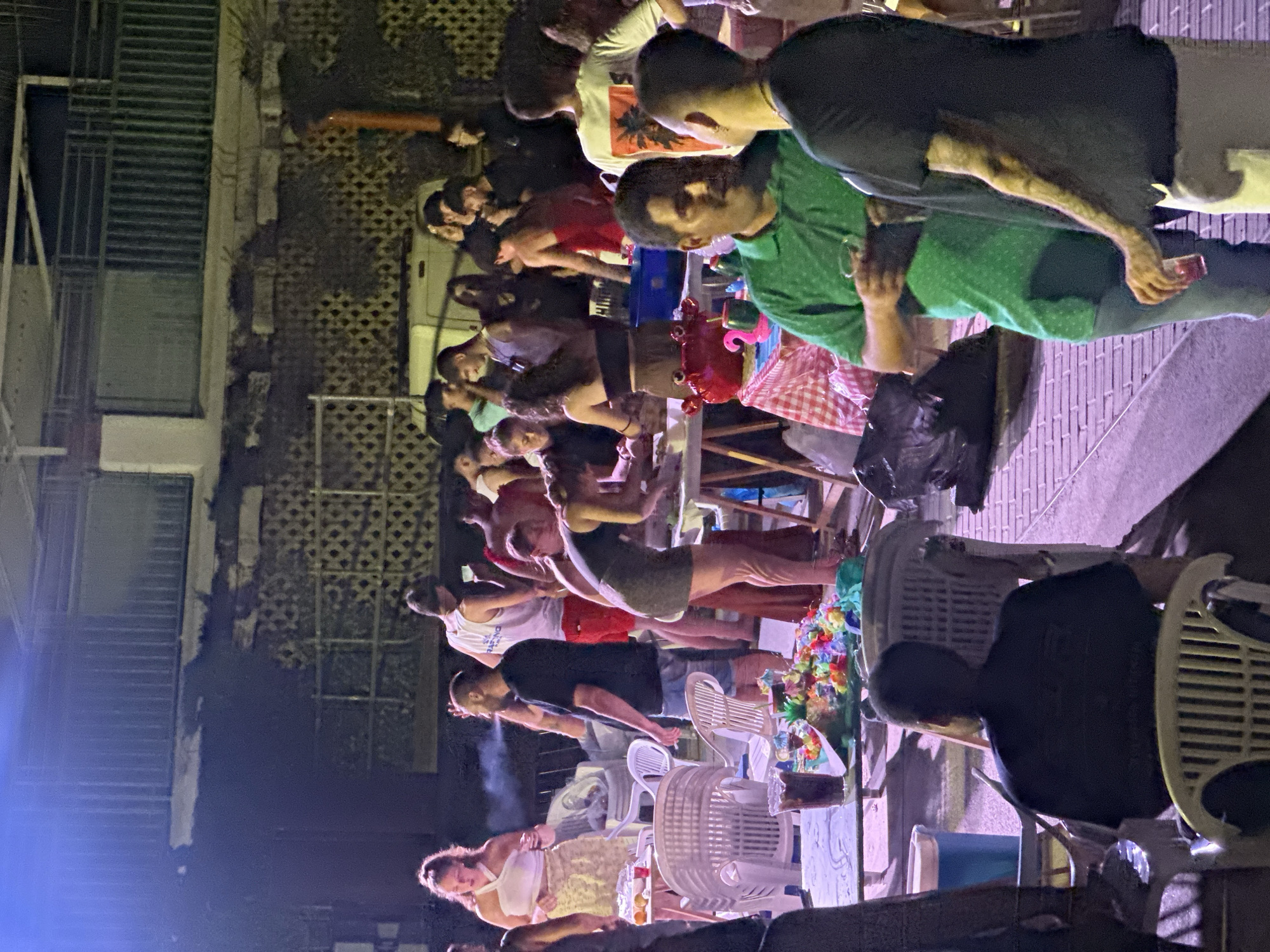 In the city of Blanca, Spain, a group of individuals are gathered at an outdoor event, possibly a party or a gathering. The scene is illuminated by artificial light, casting a purple hue over the surroundings. In the foreground, a man in a black t-shirt is seated, facing away from the camera. To his right, another man wearing a green t-shirt holds a drink, engaged in conversation with a man in a black t-shirt who has visible tattoos on his arm.
Further into the scene, a table is laden with colorful decorations, including what appears to be a miniature volcano surrounded by leis. A red crab figurine and a green cup are also present on the table. Several people are interacting around other tables, some appearing to be preparing food or drinks. A woman in a white top and a patterned skirt stands to the left, holding a drink. Other individuals are standing or sitting in the background, engaged in conversation or observing the activities. The environment suggests a casual social gathering, with plastic chairs and tables set up outdoors. The background features a building with a metal railing and patterned wall.